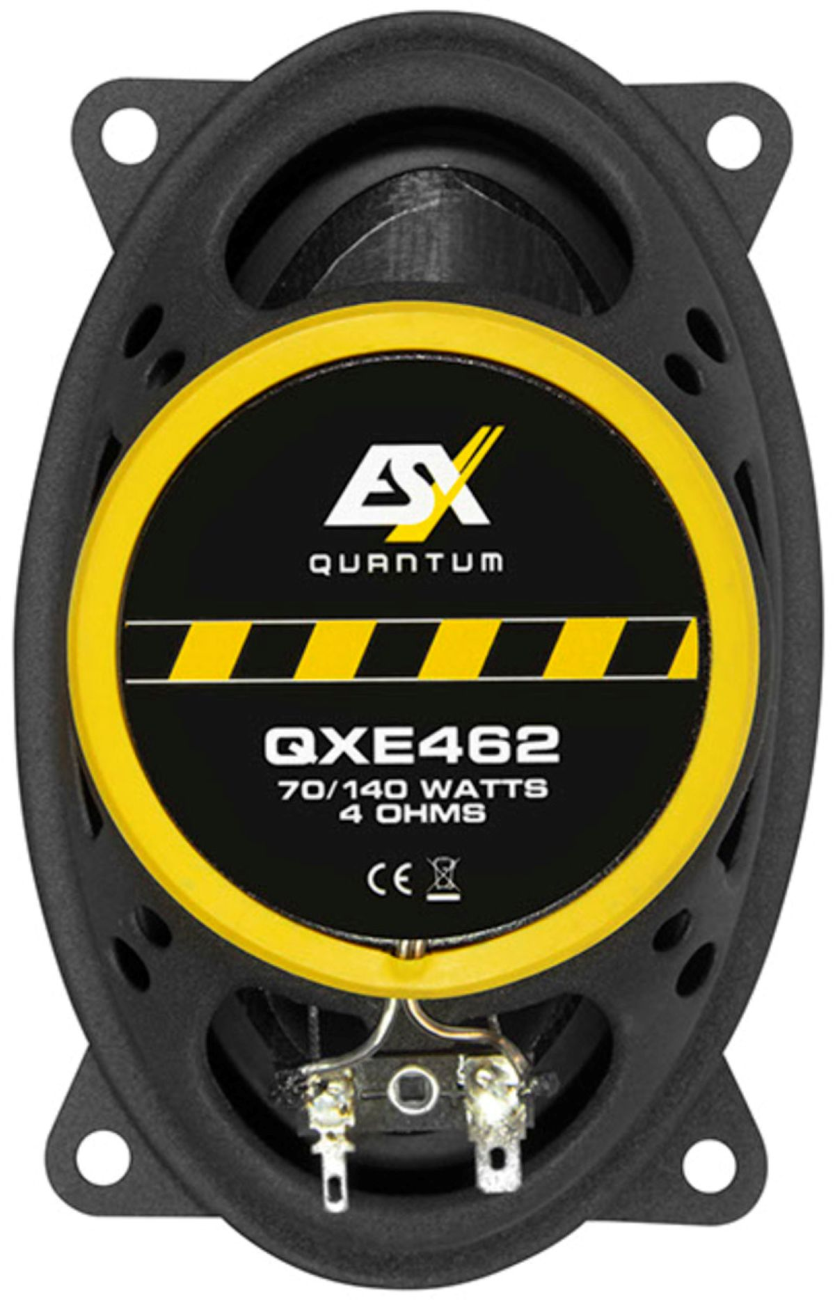 Schwarzer Auto-Lautsprecher mit gelben Akzenten. Aufschrift 'QSX' und '70/140 Watt'.