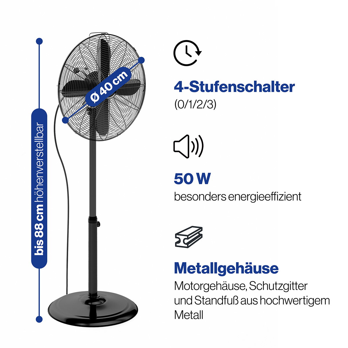 Ventilatore da terra nero con base e pale nere, informazioni sulle sue caratteristiche, sfondo bianco.