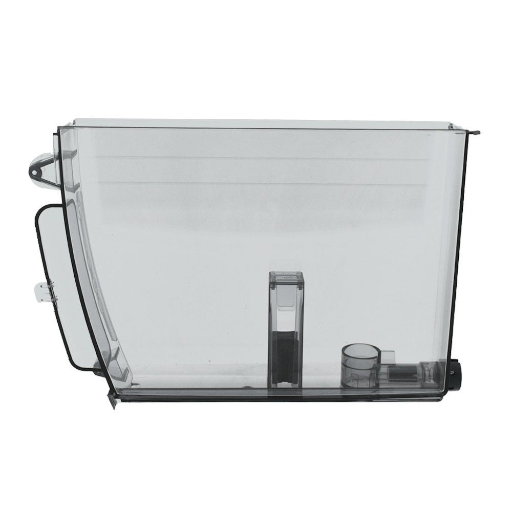 Klarer Kunststoff-Wassertank mit schwarzen Akzenten. Er hat eine rechteckige Form mit Griff und zylindrischem Wasserauslass.