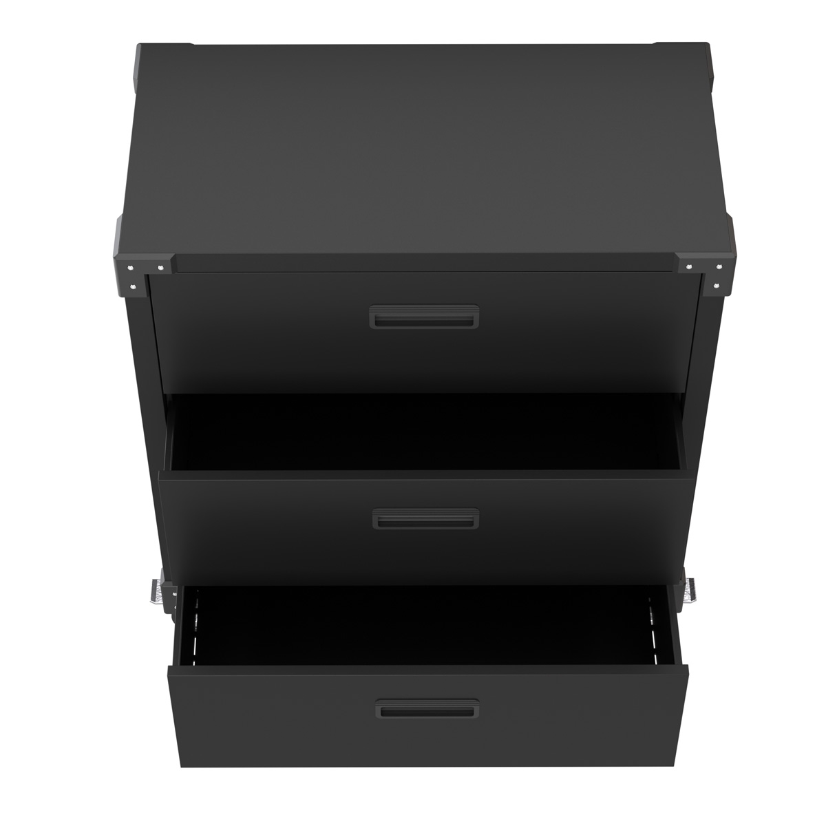 Schwarzer Aktenschrank mit drei Schubladen, Schubladen geöffnet auf weißem Hintergrund.