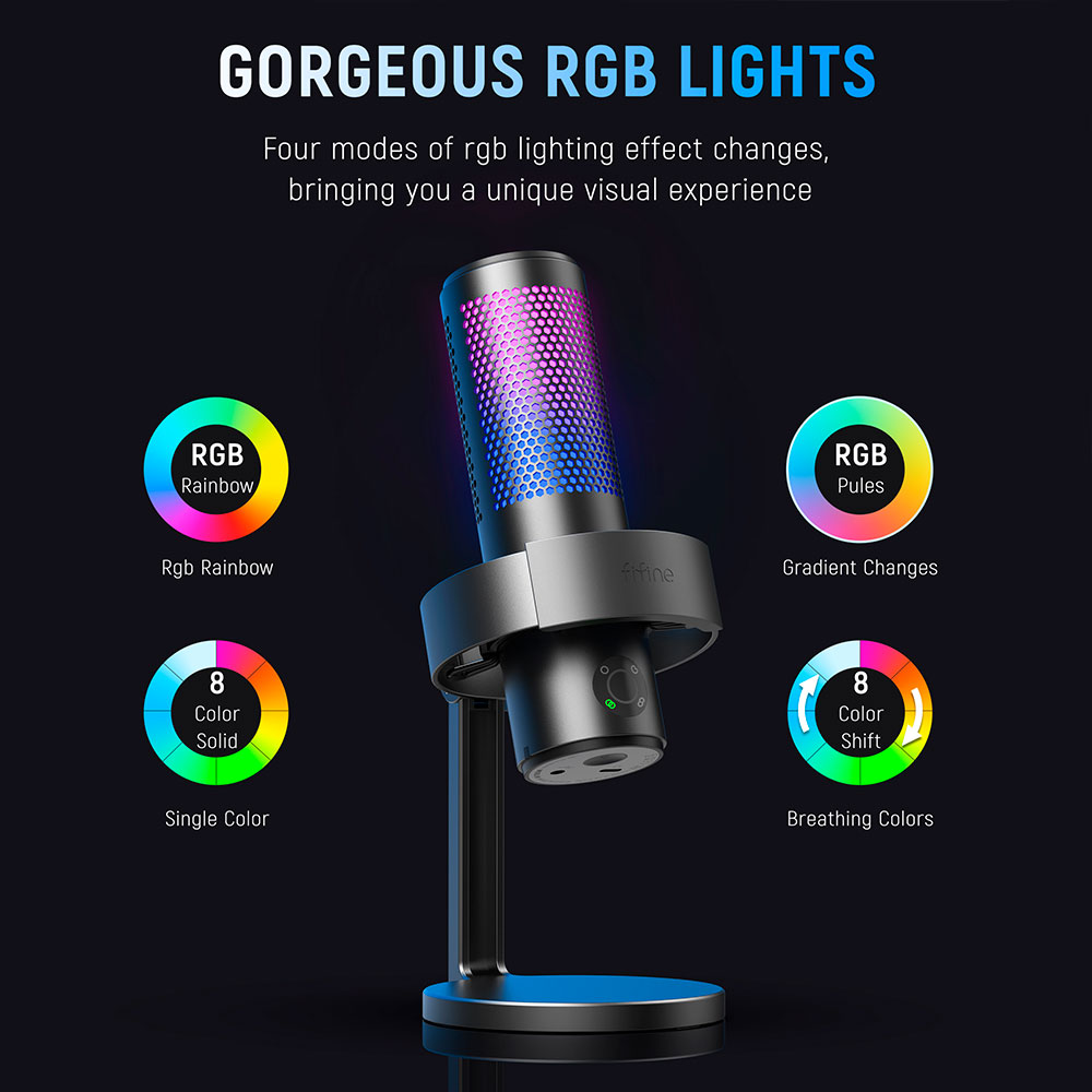 Microfono con illuminazione RGB colorata. Quattro modalità: arcobaleno RGB, impulsi, sfumatura e colori respiratori.
