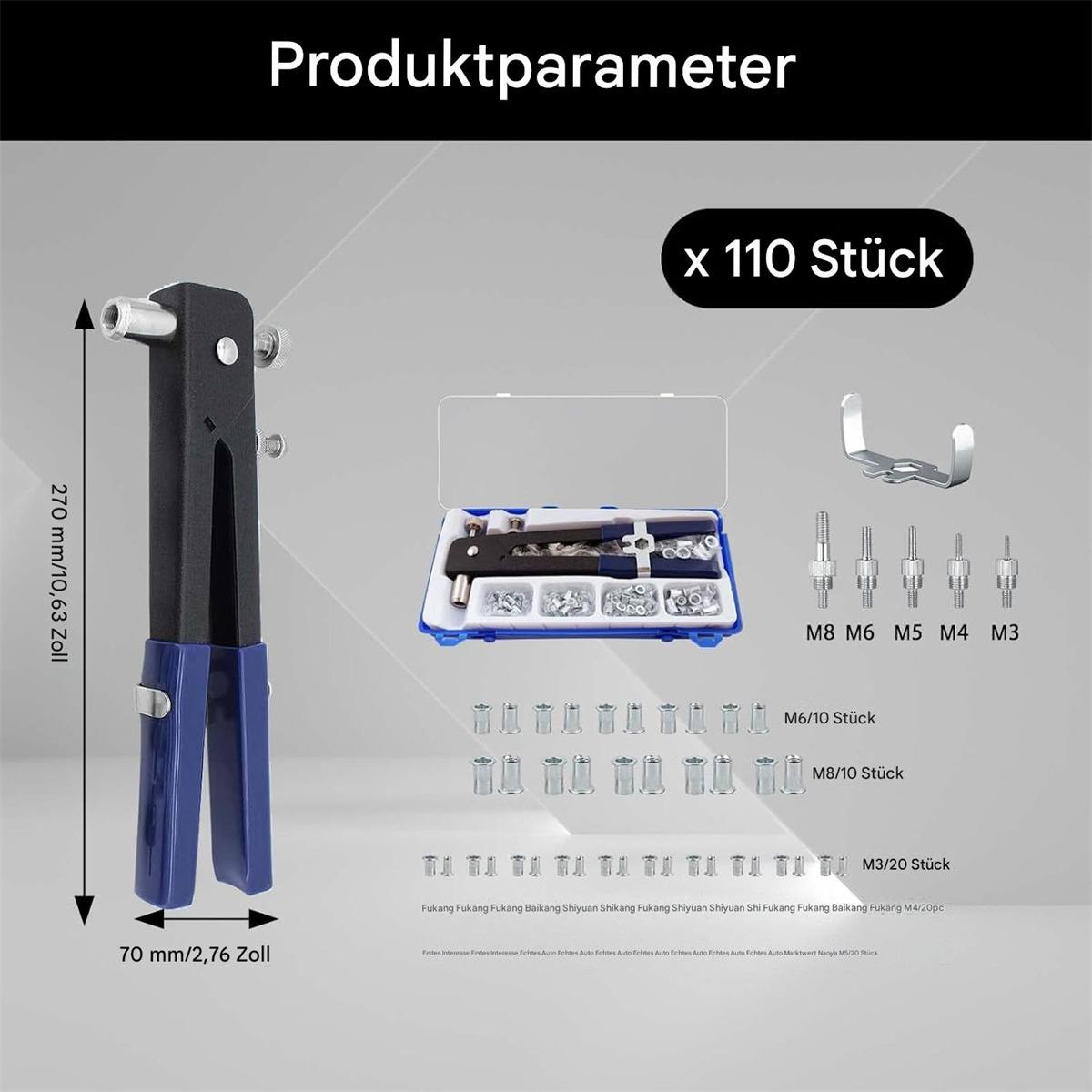 Produktparameter, mit Werkzeug und Zubehör in einer Box. Text und Maße. Weißer Hintergrund.