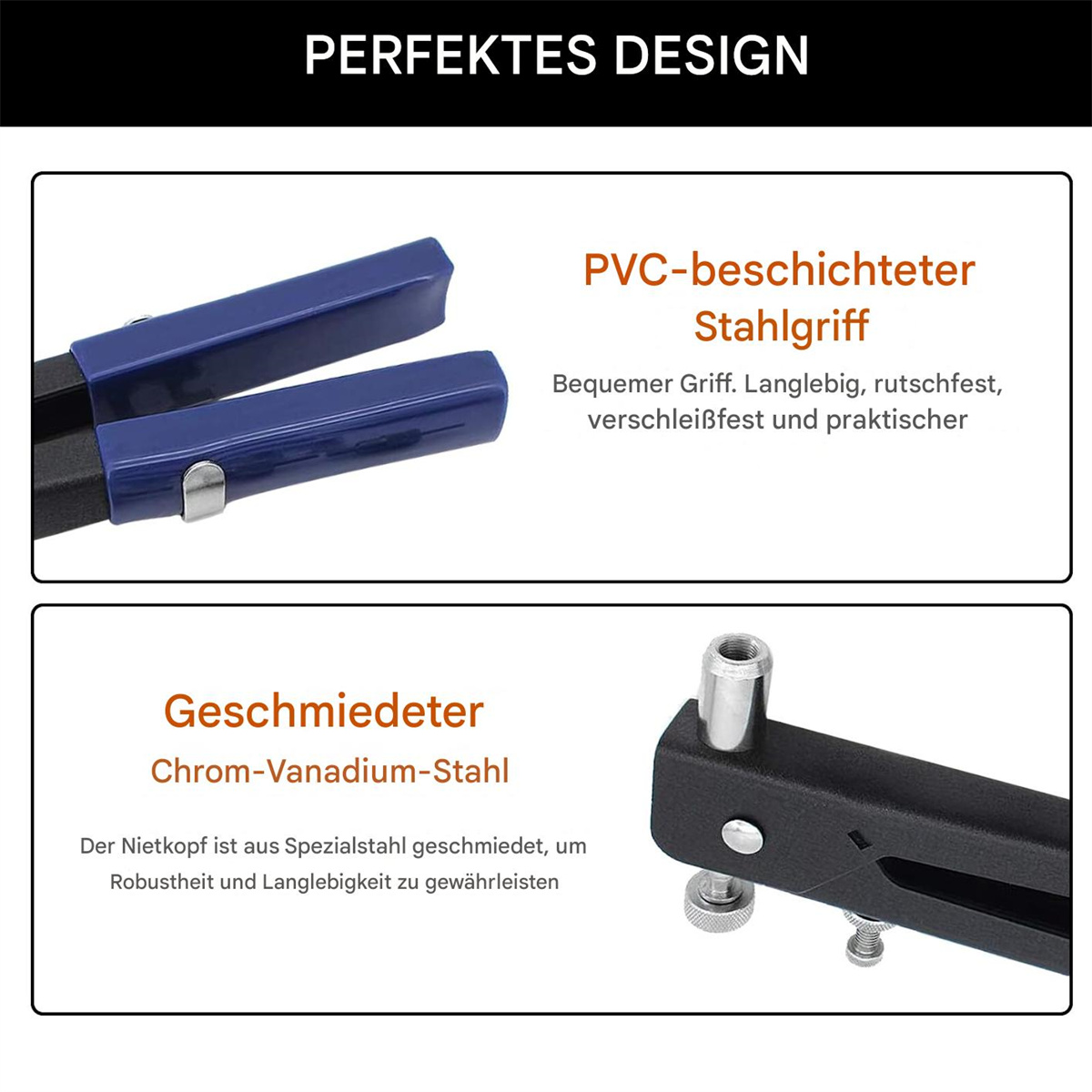 Nahaufnahme eines blau-schwarzen Werkzeugs mit blauem Griff und schwarzem Körper.