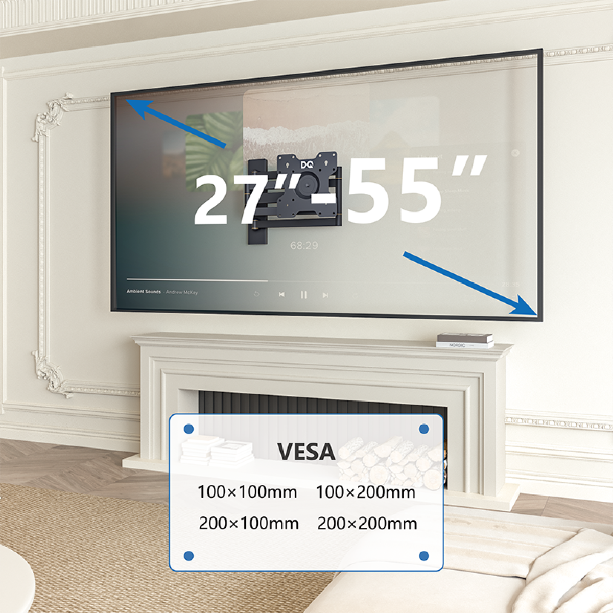Ein großer Fernseher an einer Wand über einem Kamin befestigt. VESA-Infobox unten.