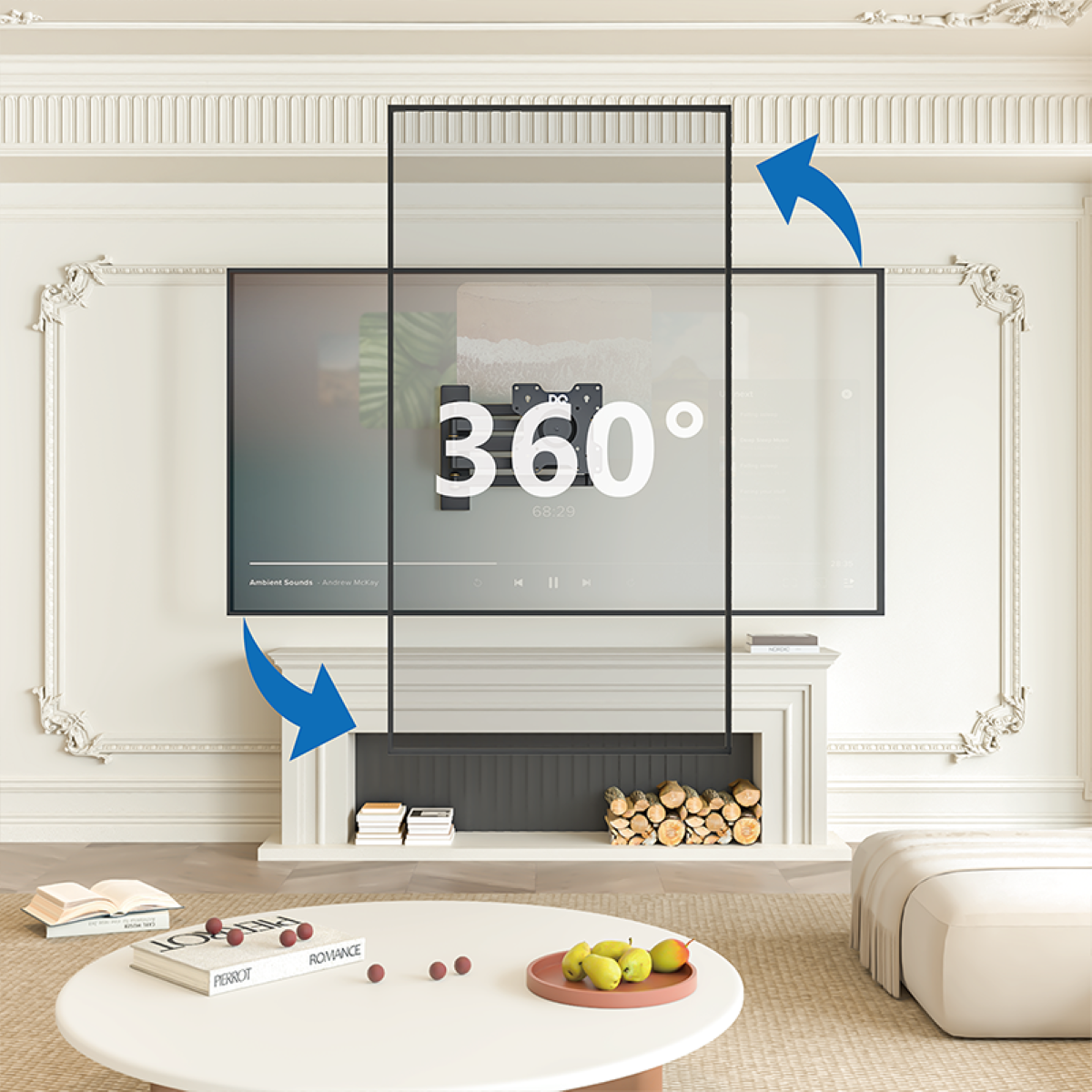 Fernseher an der Wand, umgeben von schwarzem Rahmen, Wohnzimmer-Einstellung und Pfeile.