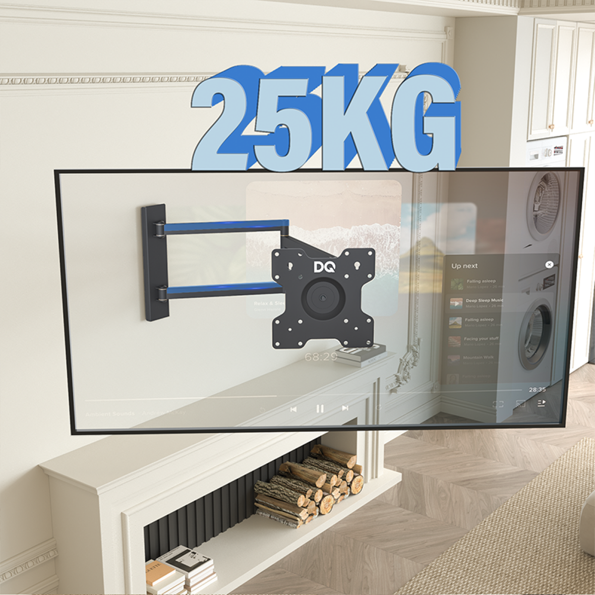 Fernseher an der Wand über einem Kamin. Es zeigt eine Filmoberfläche. Die Zahl 25KG wird angezeigt.