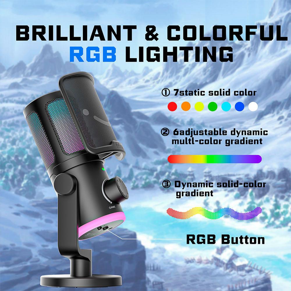 RGB aydınlatma detaylarına sahip siyah bir mikrofon. Bir standı ve ses kontrolü var.