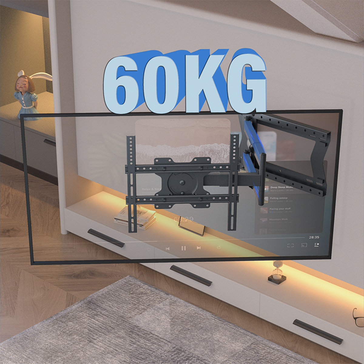 Fernseher an einer Wandhalterung, mit modernem Regal darunter. Text lautet 60 kg.