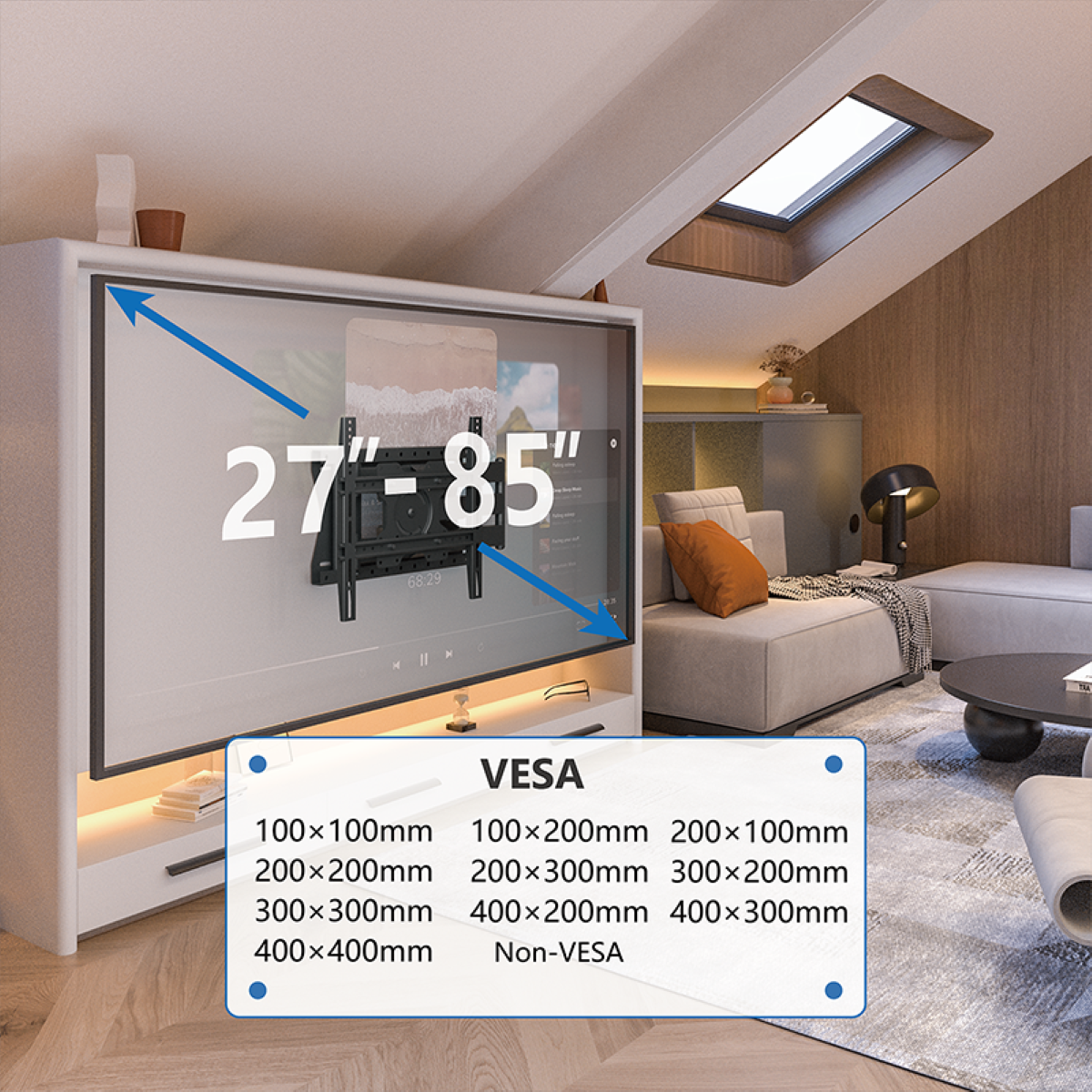 An der Wand montierter Fernseher, mit unten aufgeführten VESA-Kompatibilitätsgrößen.
