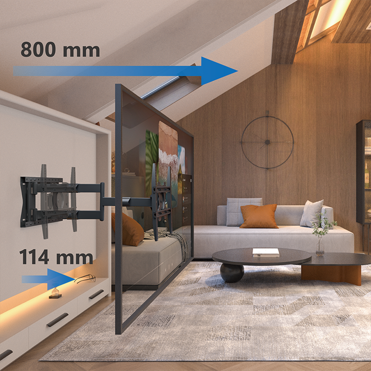 Wohnzimmer-Setup mit einem Fernseher an der Wand. Maße sind gezeigt: 800 mm und 114 mm.