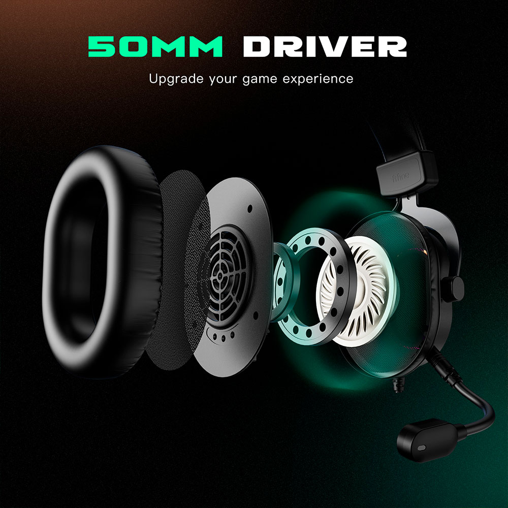 Vista esplosa di un headset da gioco con driver da 50 mm, che mostra i componenti.