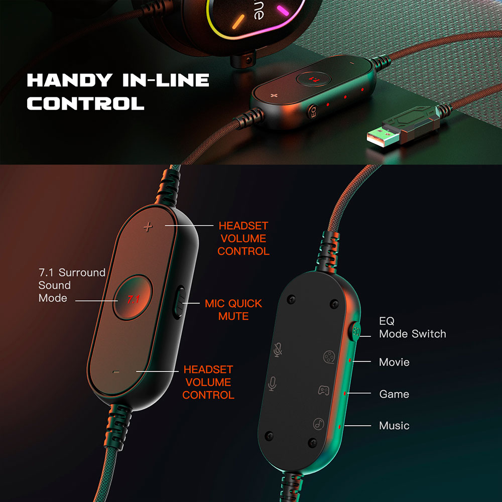 Primo piano di un controllo per cuffie con pulsanti per volume, muto e modalità EQ, collegato a un cavo USB.