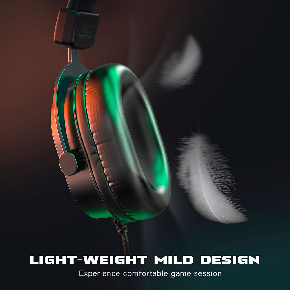Cuffie con elementi simili a piume. Testo: Design leggero e delicato, vivi una sessione di gioco confortevole.