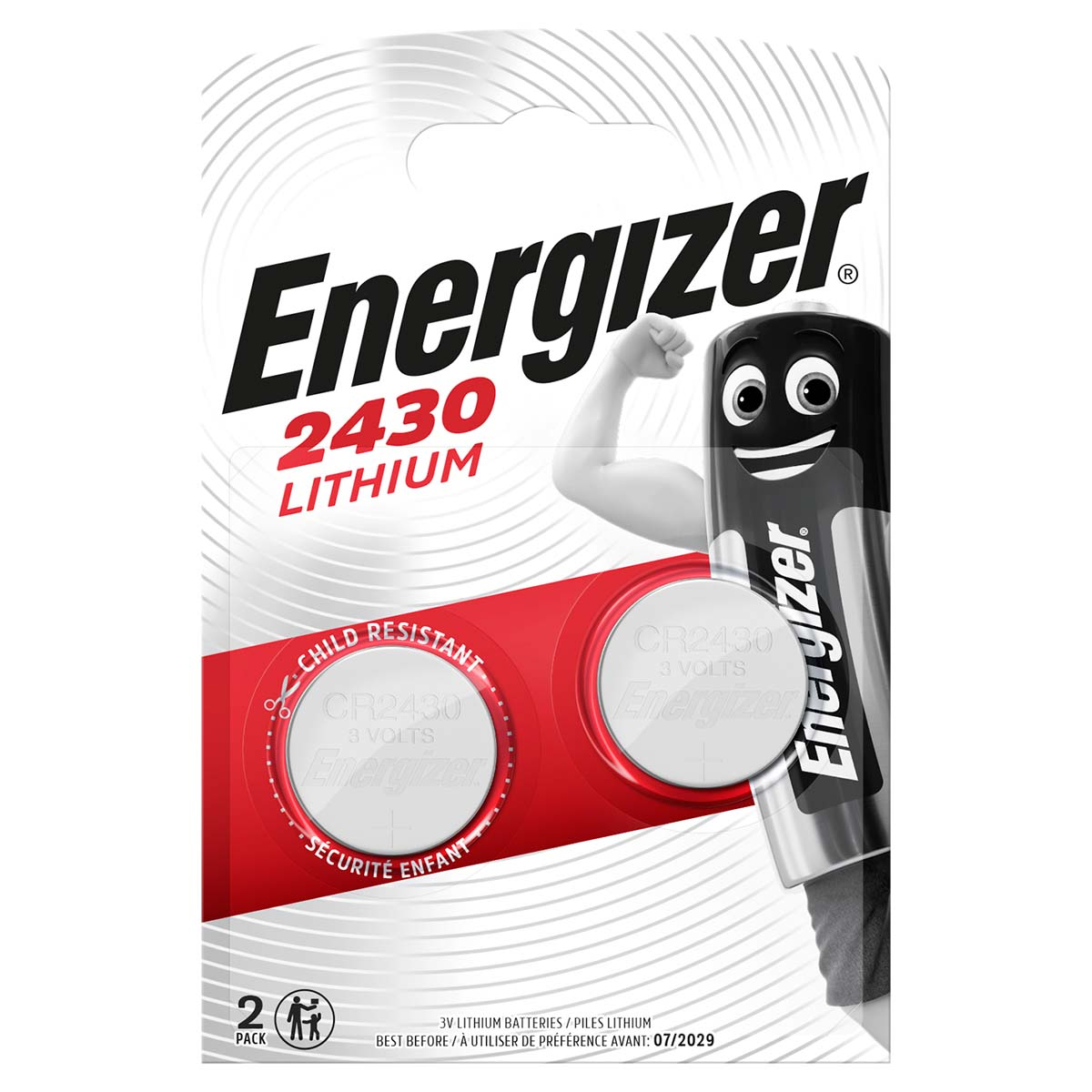 Dwie baterie litowe Energizer w blistrze. Opakowanie z postacią z kreskówki i tekstem.