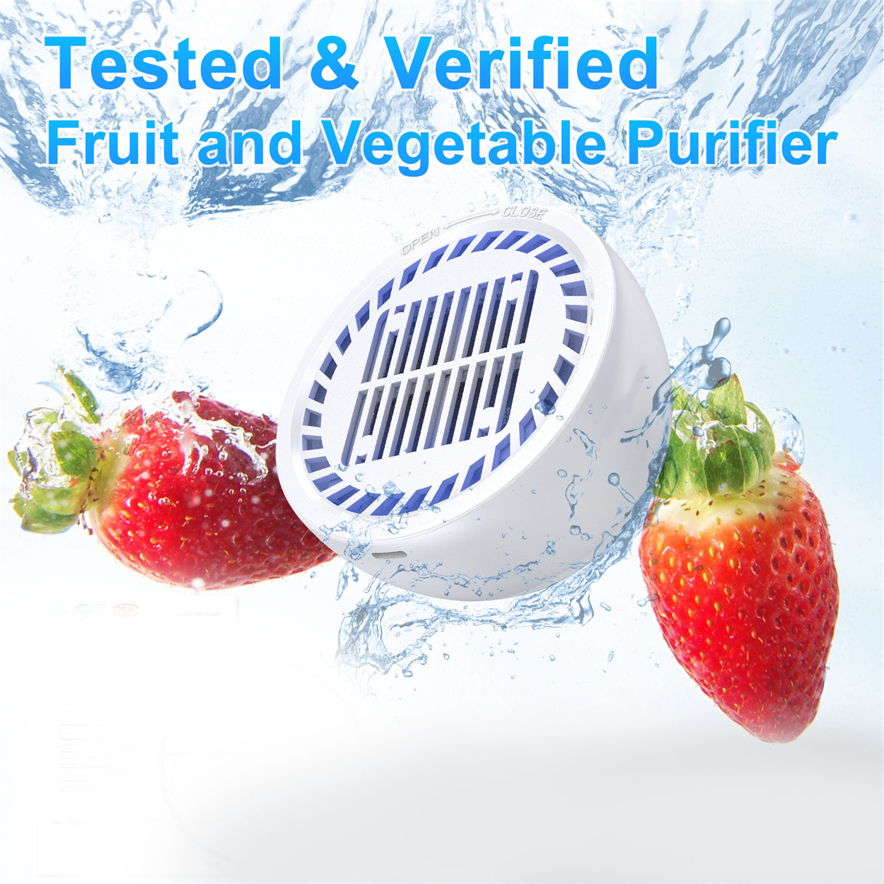 Ein weißes Gerät mit Erdbeere und Wassertropfen. Der Text lautet: 'Getestet & Verifizierter Obst- und Gemüsereiniger'.