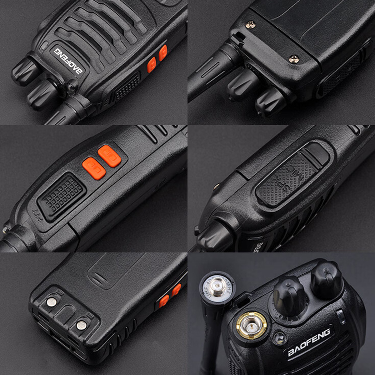 Nahaufnahme verschiedener Teile schwarzer Walkie-Talkies, die Knöpfe und Details zeigen.