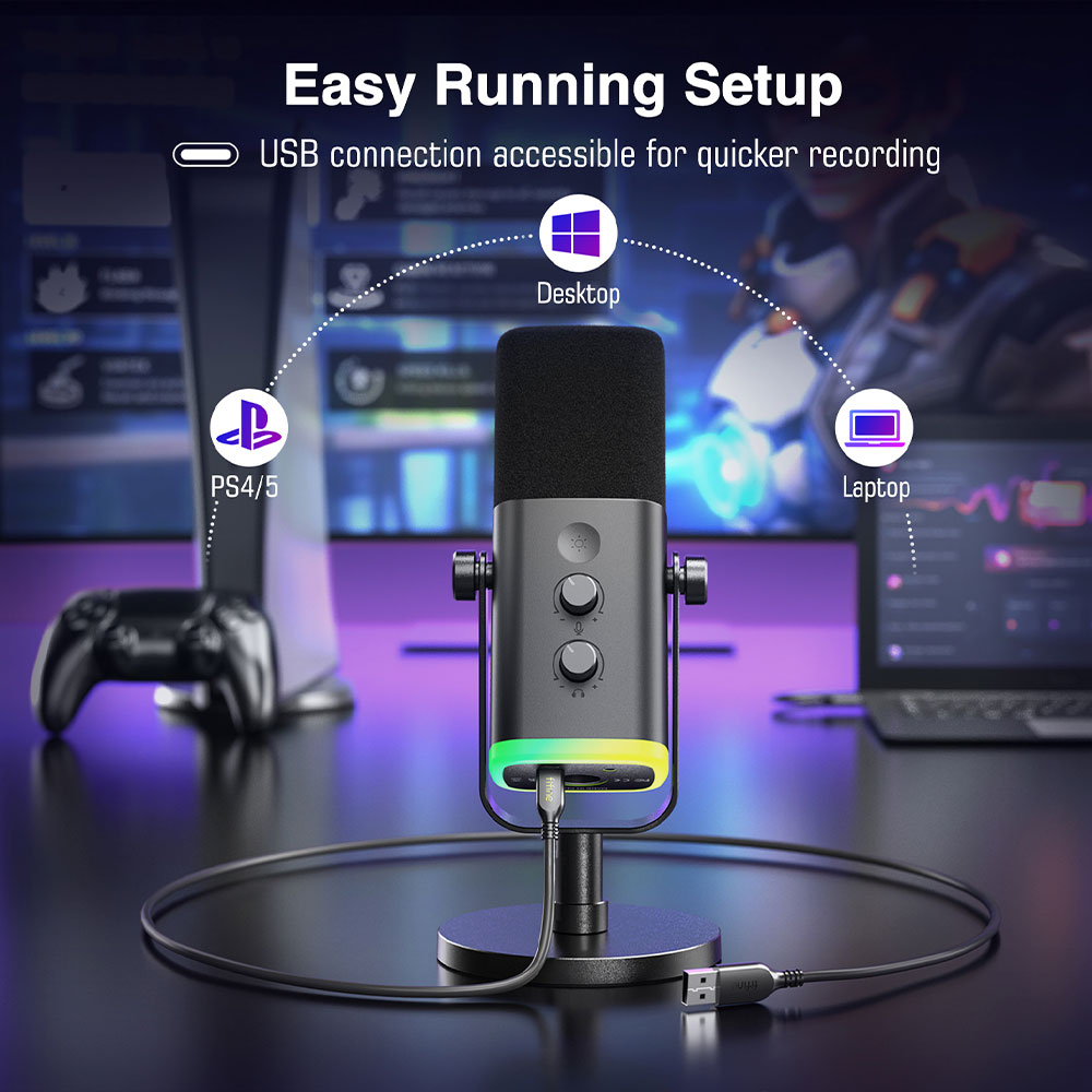 Microphone avec lumières, connecté à un câble USB. PS4/5 et ordinateur portable en arrière-plan.