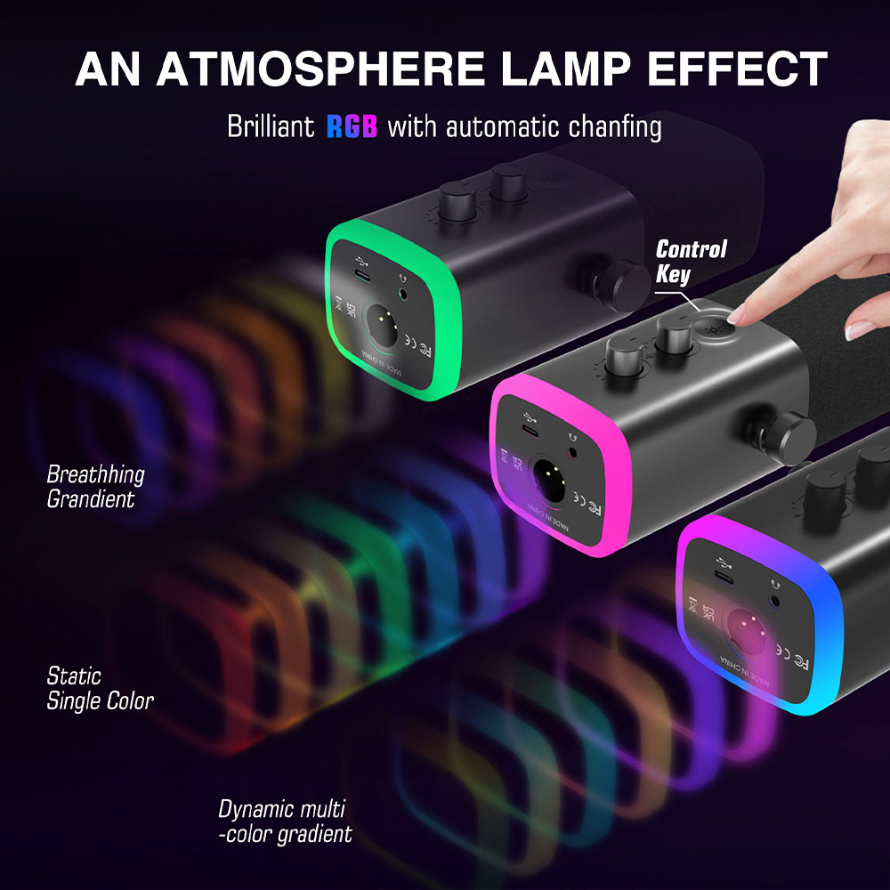 Trois appareils noirs avec lumières RVB et touches de contrôle. Effet de lampe d'ambiance affiché.