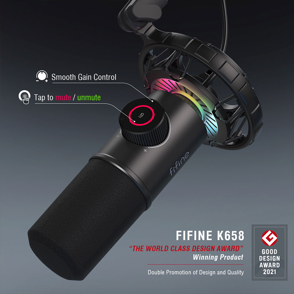 Zwarte Fifine K658 microfoon met rode gain control en lichteffecten. De mute-knop wordt ook weergegeven.