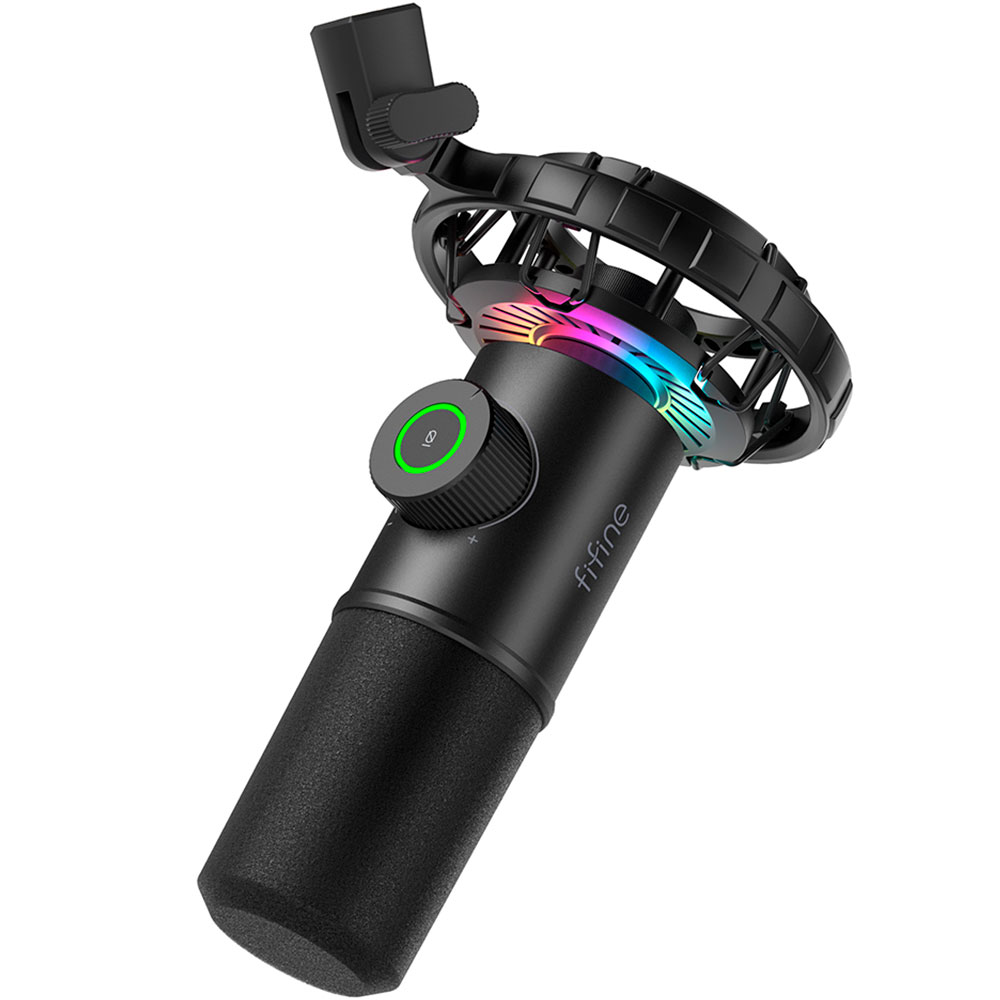 Een zwarte Fifine-microfoon met een ronde, kleurrijke lichtring en een popfilter.