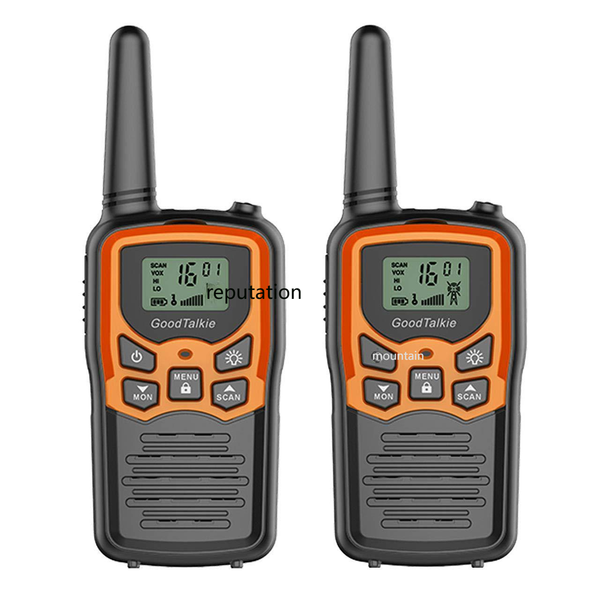Zwei schwarz-orangefarbene Walkie-Talkies. Jedes hat einen Bildschirm mit Signal, Akku und Knöpfen.