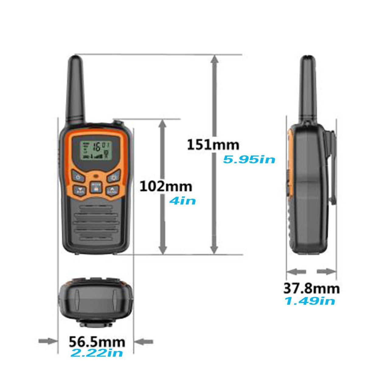 Walkie-Talkie mit Abmessungen und Maßen, schwarz und orange.