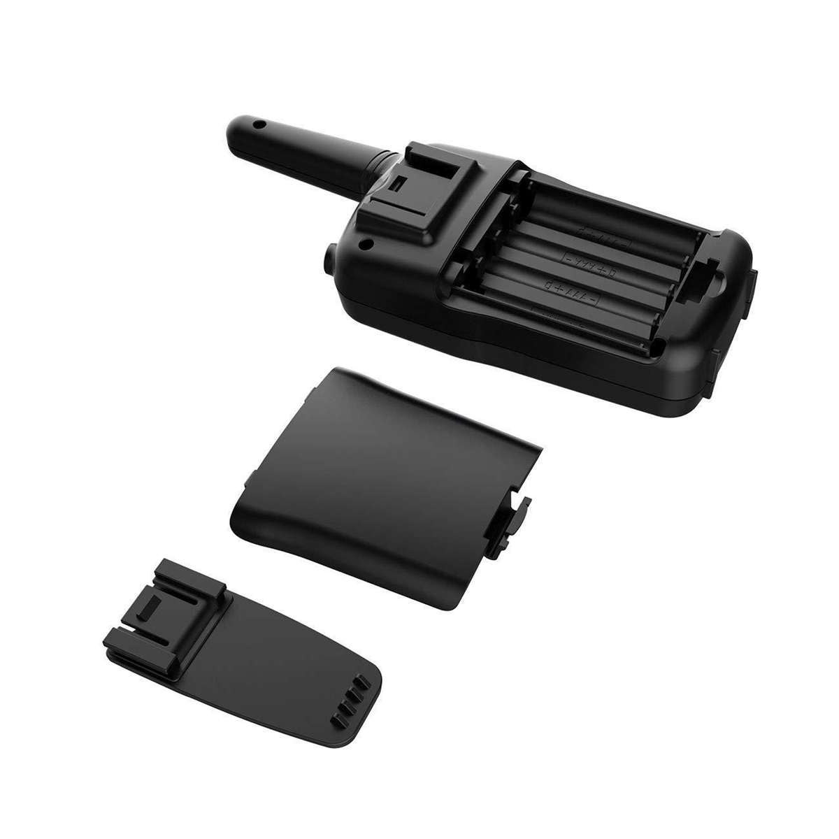 Schwarzes Walkie-Talkie mit zerlegten Teilen, zeigt Batteriefach und zusätzliche Komponenten.