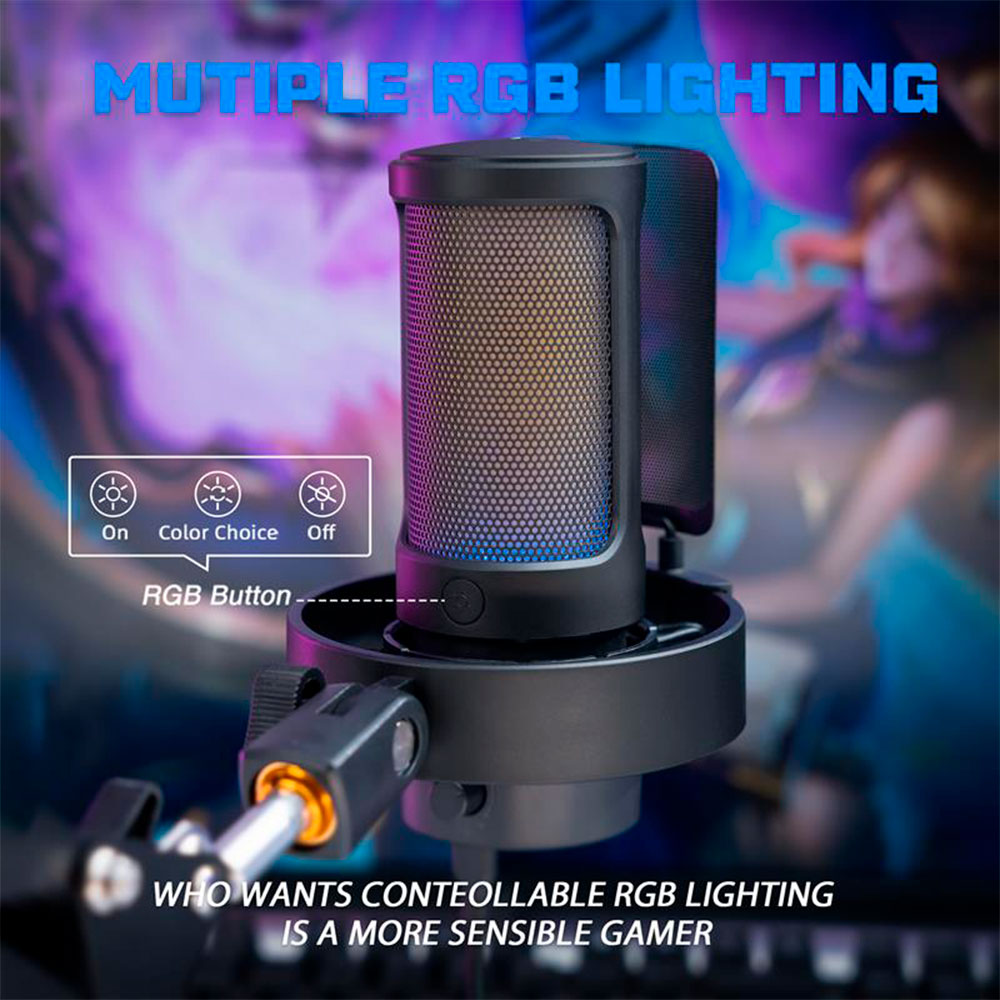 RGB aydınlatmalı ve bir RGB düğmeli siyah bir mikrofon. Arka plan bulanık ışıklara ve metne sahip.