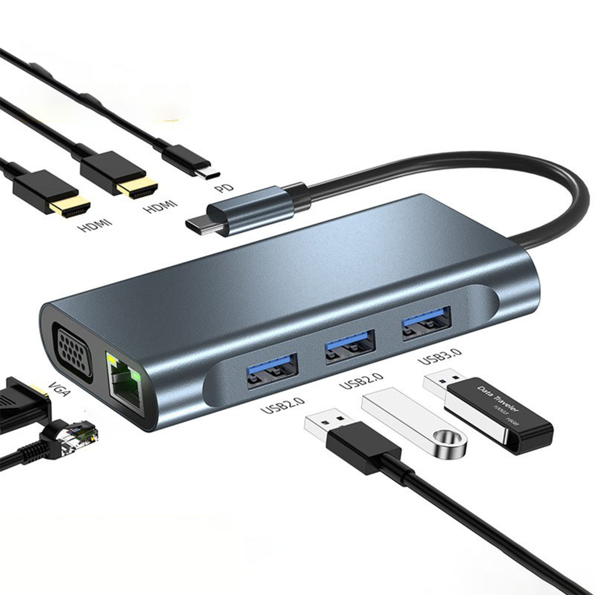 Grauer USB-Hub mit verschiedenen Kabeln und Geräten, weißer Hintergrund.