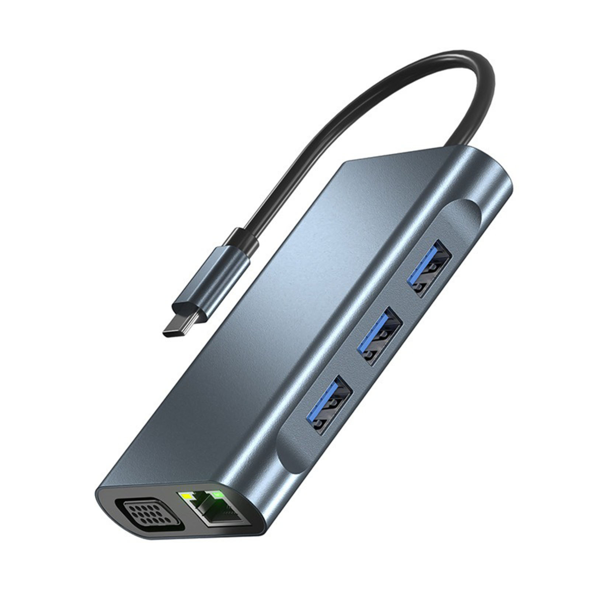 Grauer USB-Hub mit mehreren Anschlüssen und schwarzem Kabel. Weißer Hintergrund.