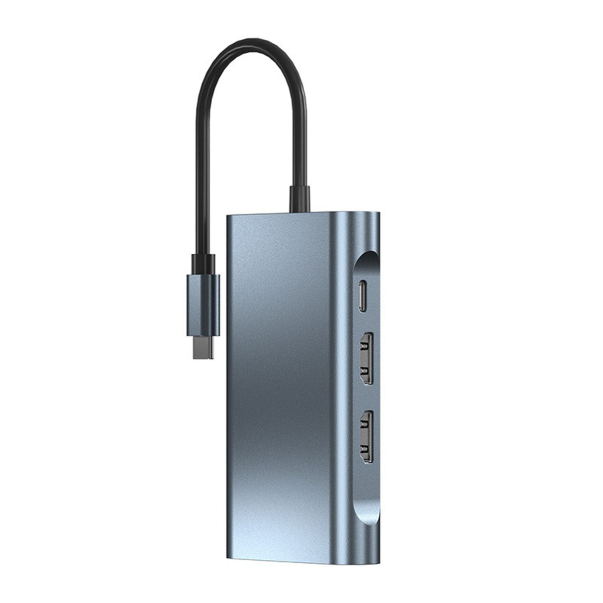 Ein metallisch-blauer USB-C-Hub mit mehreren Anschlüssen, darunter USB und ein Ladeanschluss.