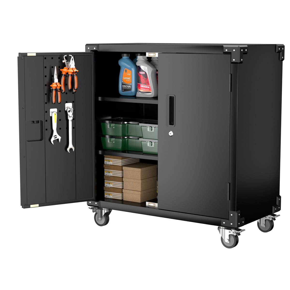 Schwarzer Werkzeugschrank mit offenen Türen, Werkzeuge und Zubehör. Mit Regalen, Schubladen, Rädern.