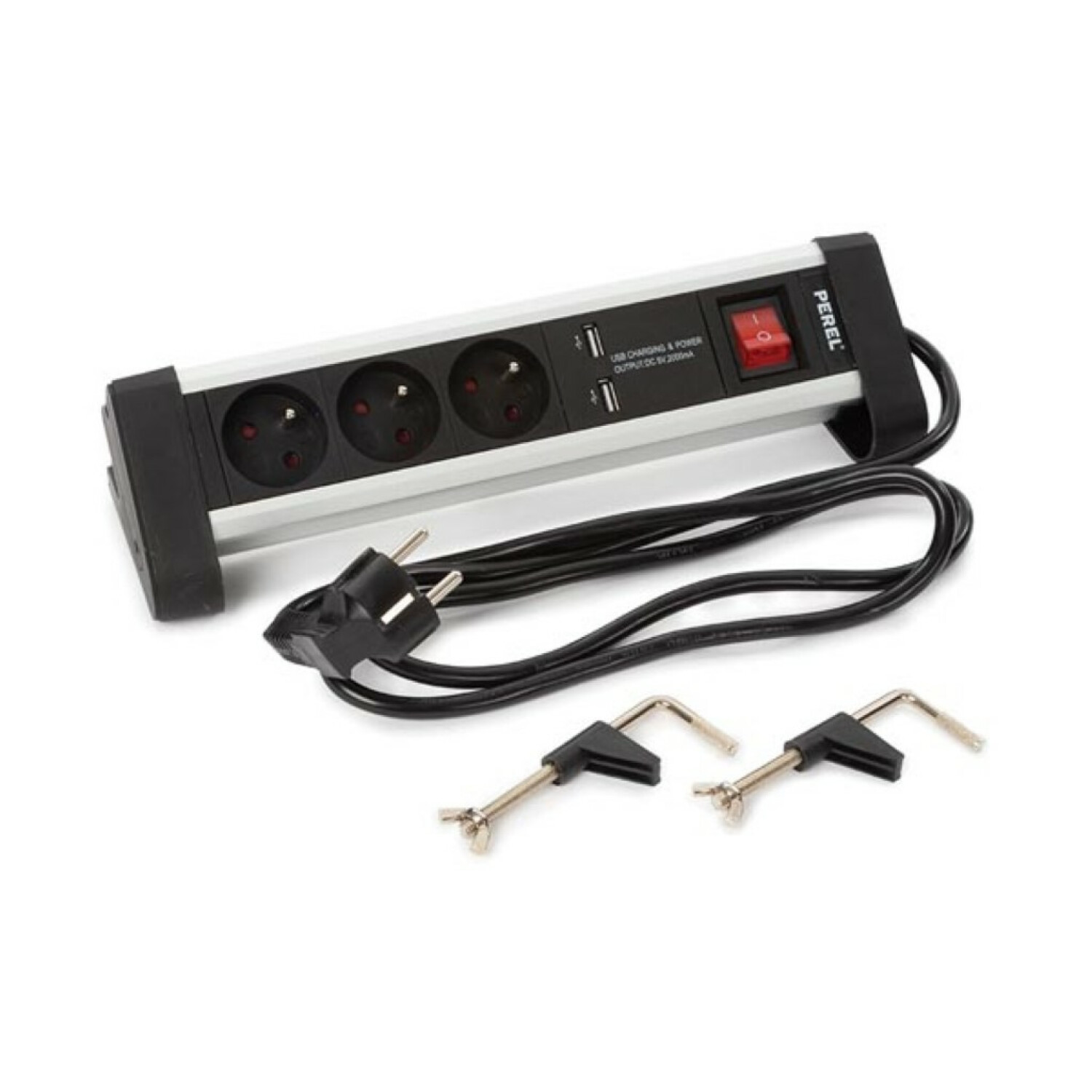 Steckdosenleiste mit drei Steckdosen, zwei USB-Anschlüssen, einem roten Schalter und zwei Halterungen.
