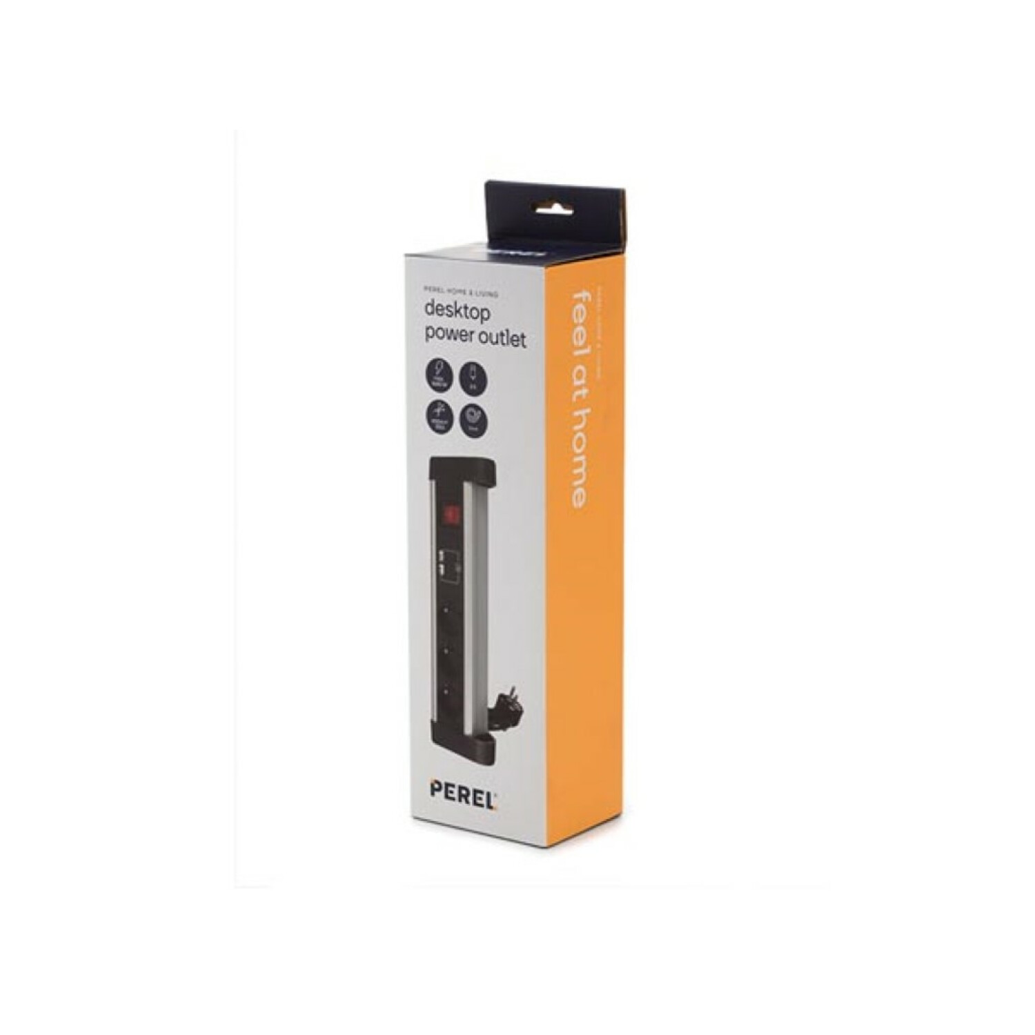 Eine rechteckige Steckdosenbox mit schwarzem und silbernem Design, beschriftet mit 'desktop power outlet'.