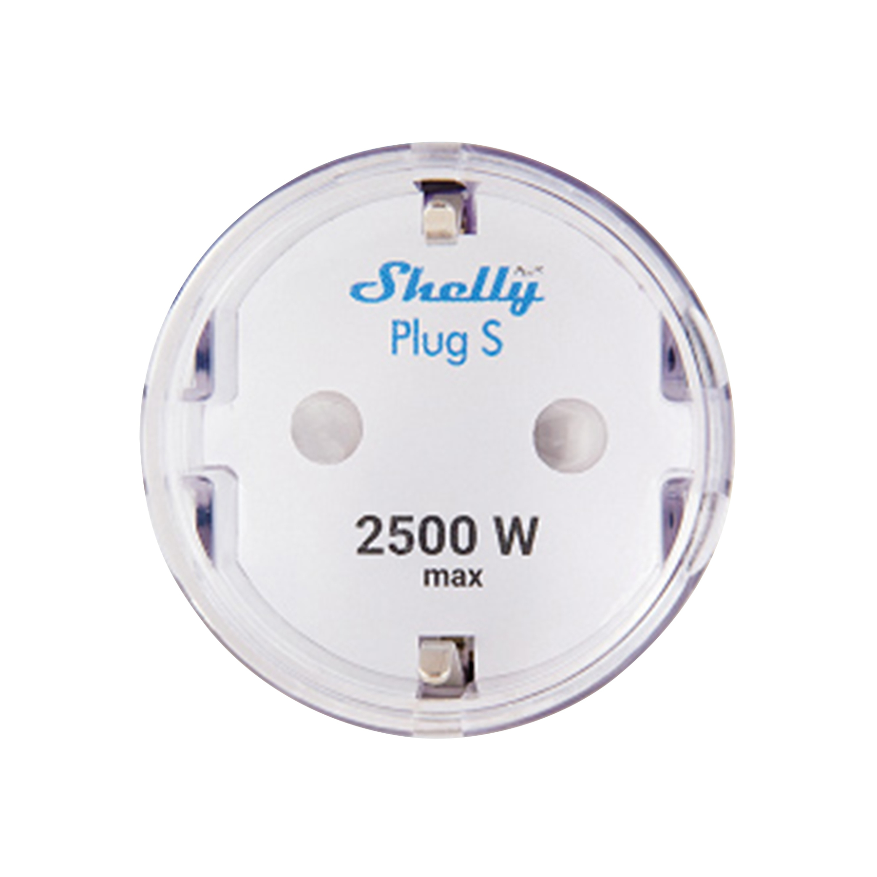 Un enchufe blanco y transparente con el texto 'Shelly Plug S' y '2500 W max'.