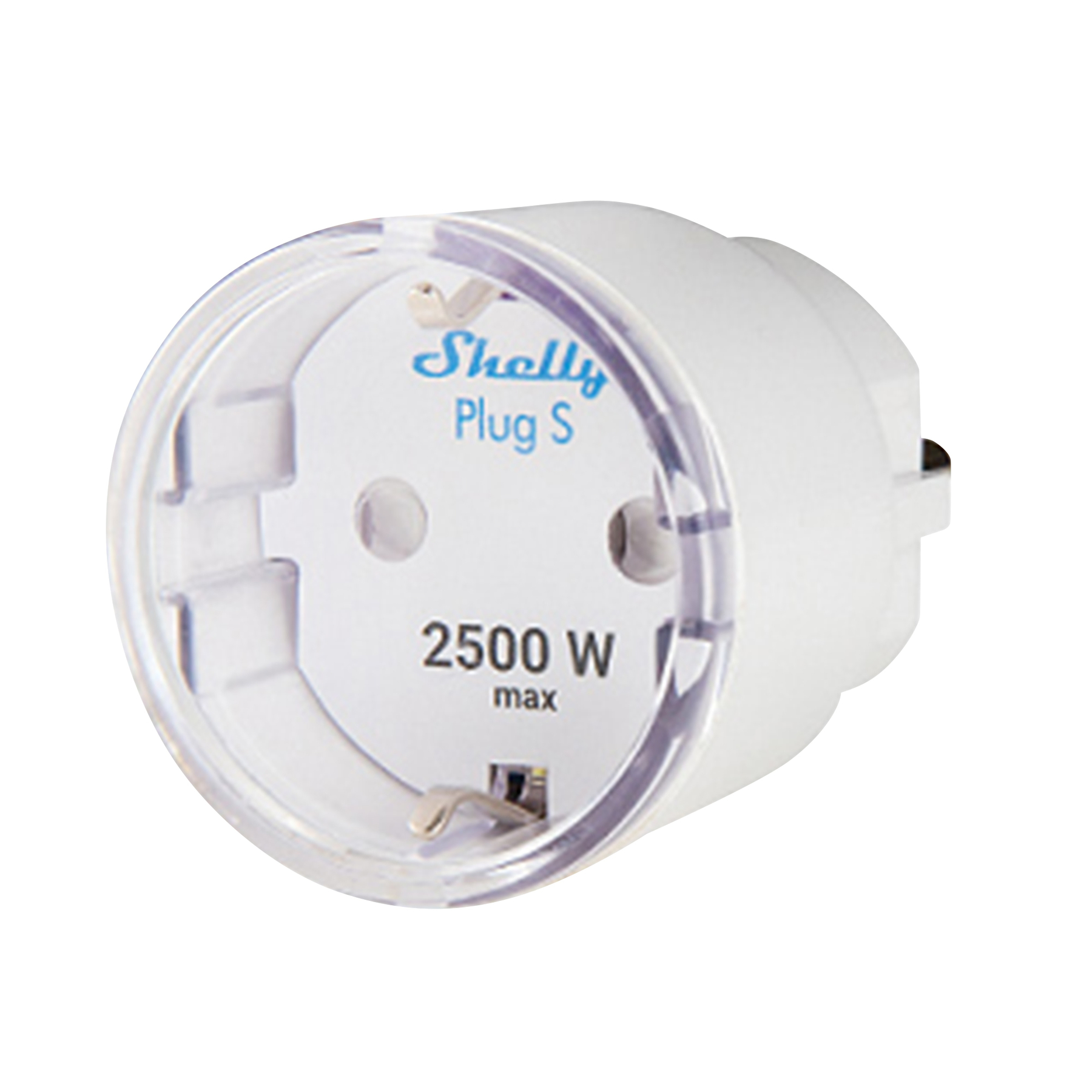 Adaptador de enchufe blanco con cubierta de plástico transparente y texto, 2500W máx.