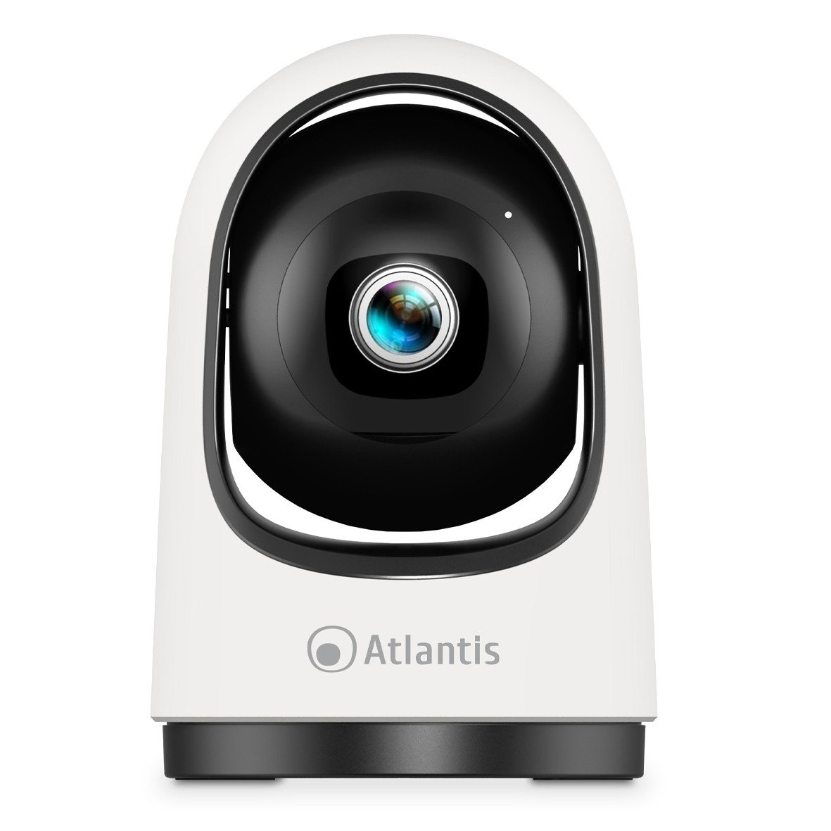 Telecamera di sicurezza bianca con parte anteriore nera. Con lente e logo Atlantis in basso.