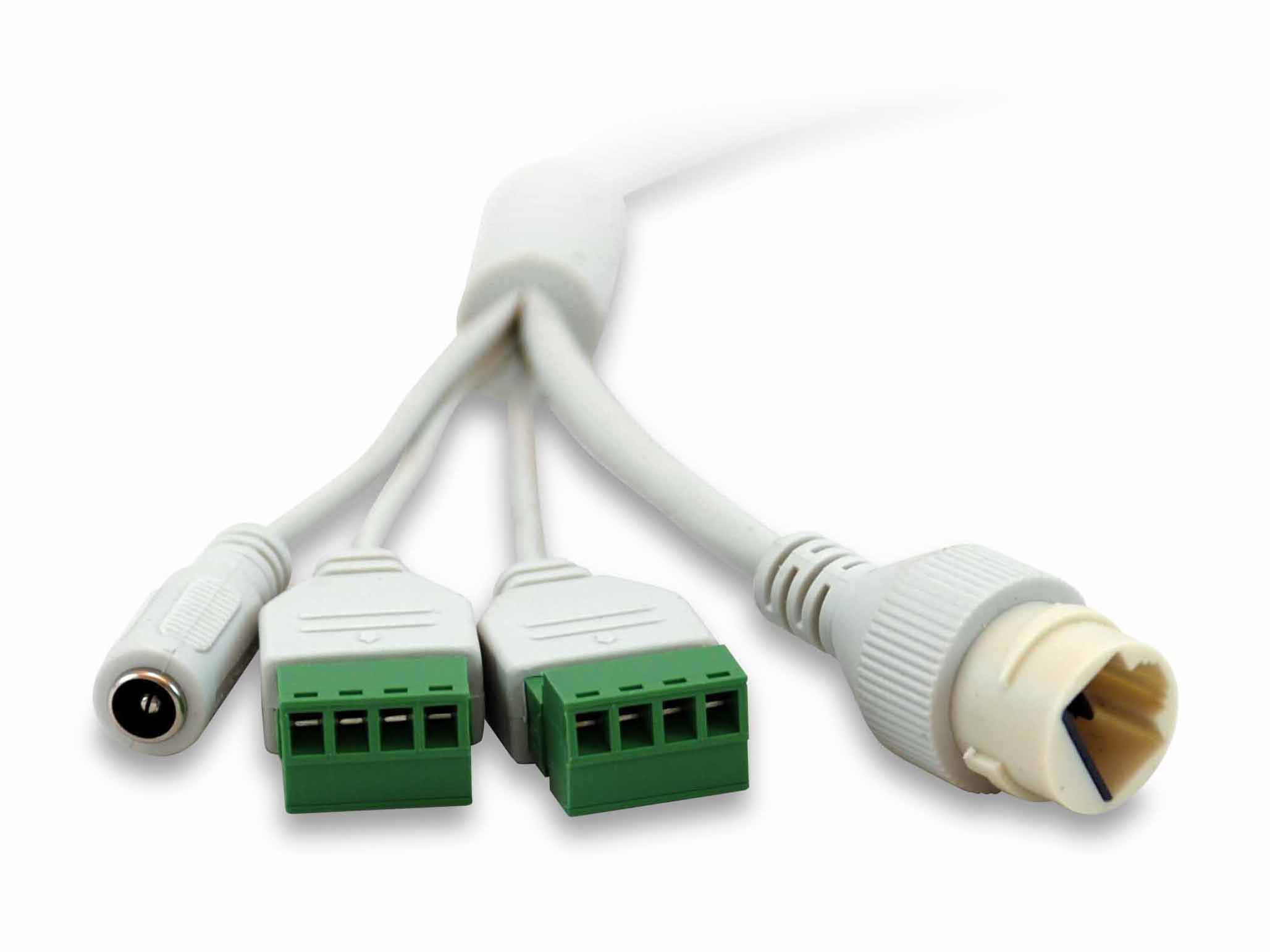 Biały kabel z wieloma złączami, zielonymi zaciskami i okrągłą wtyczką.