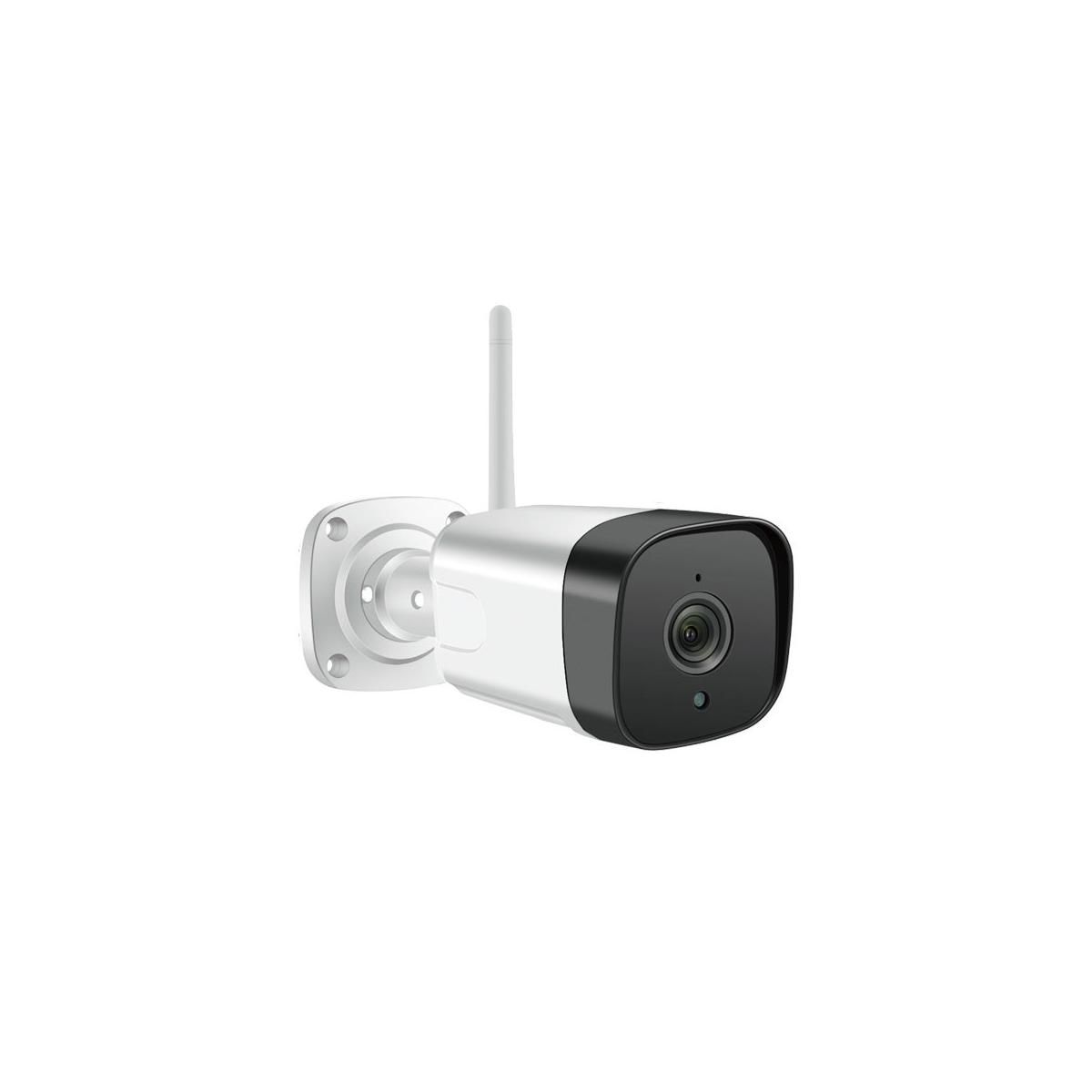 Telecamera di sicurezza bianca e nera con antenna, montata su sfondo bianco.