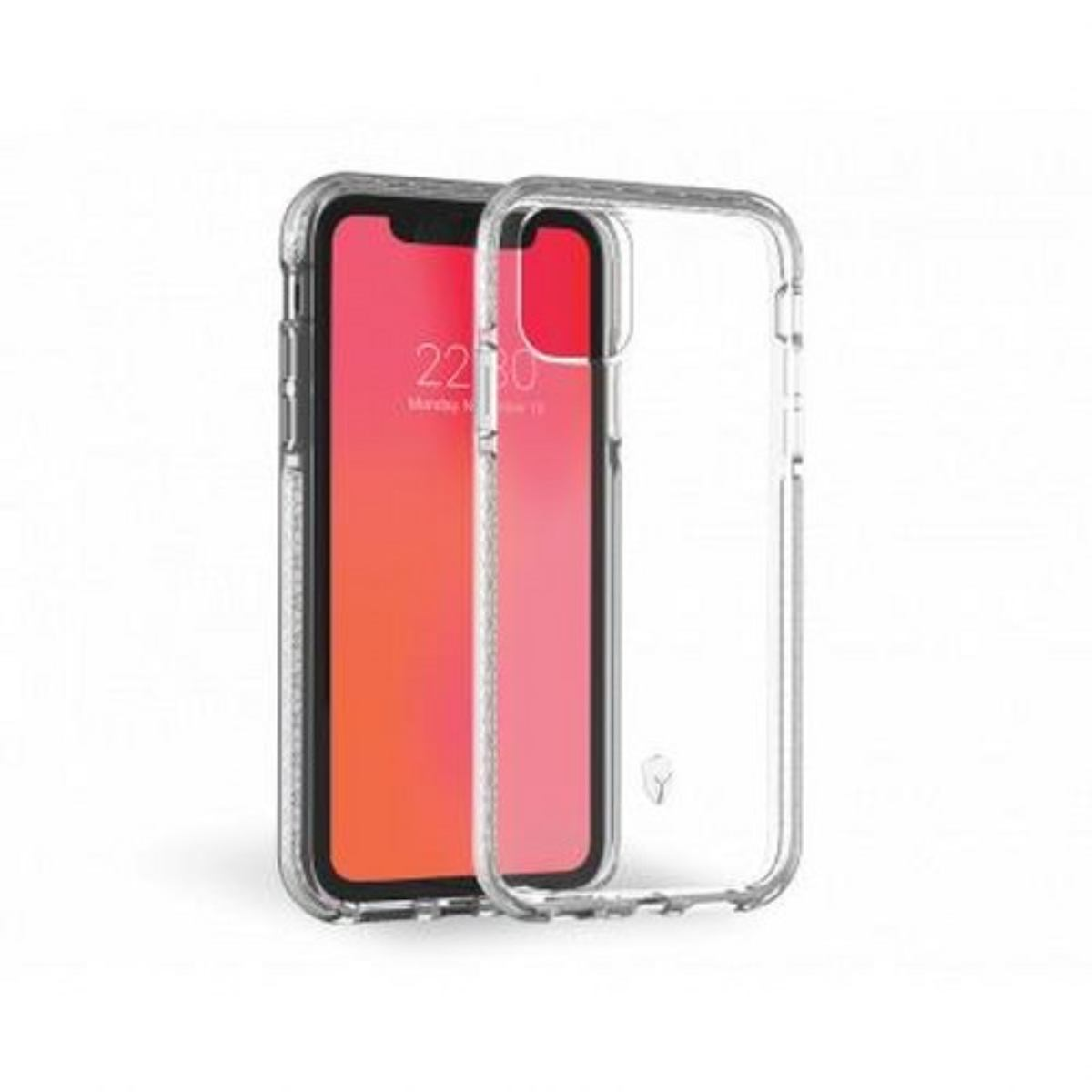 Telefono in custodia, schermo rosso, custodia trasparente.