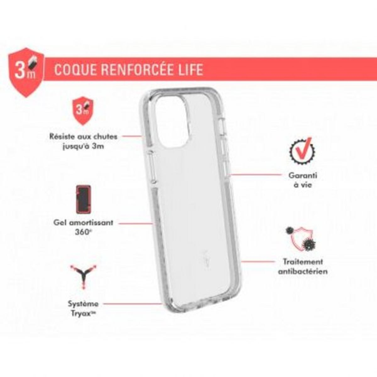Custodia trasparente per telefono con testo e icone su sfondo bianco. Banner rosso in alto.