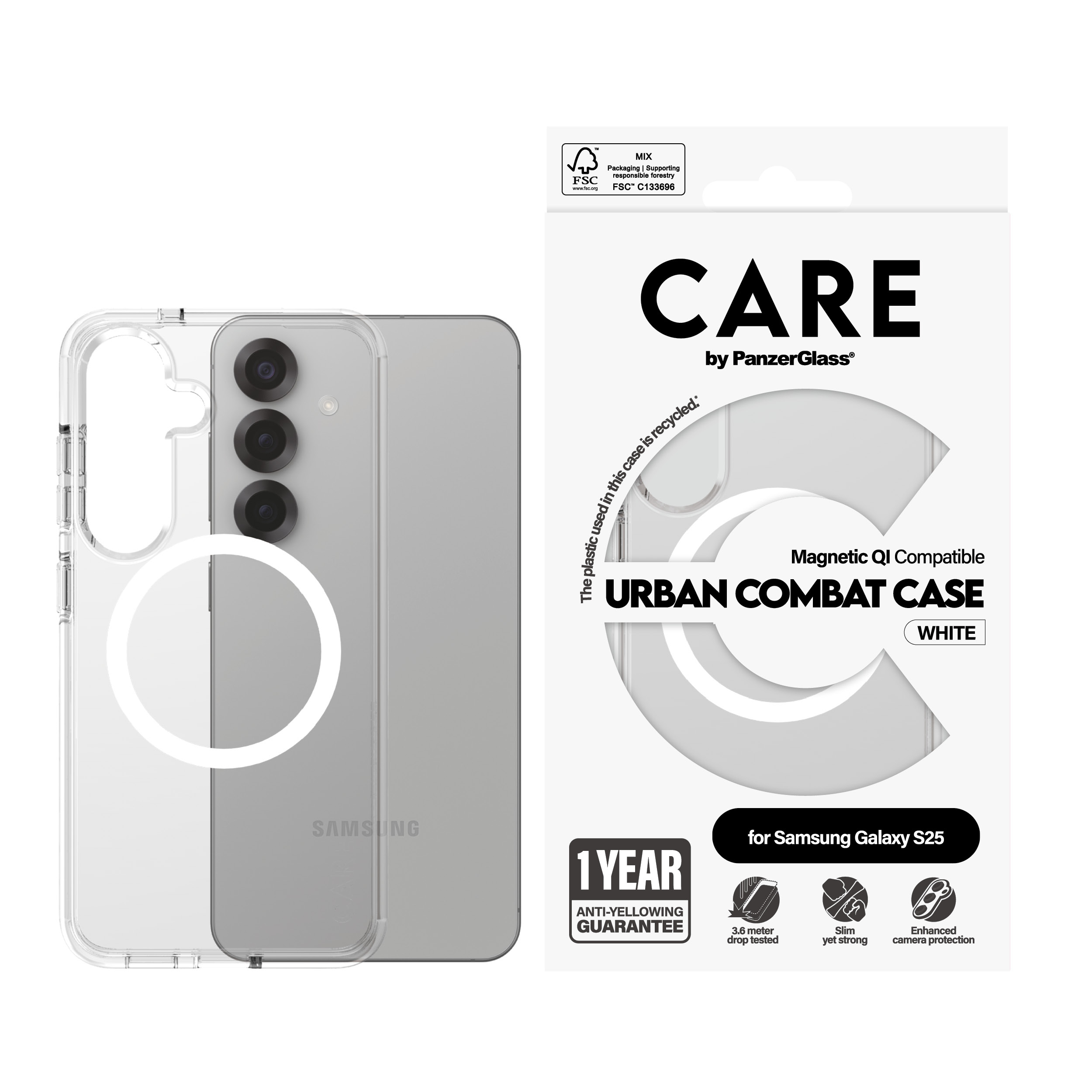 Une coque de téléphone transparente avec un téléphone à l'intérieur, emballage avec texte : "Urban Combat Case".