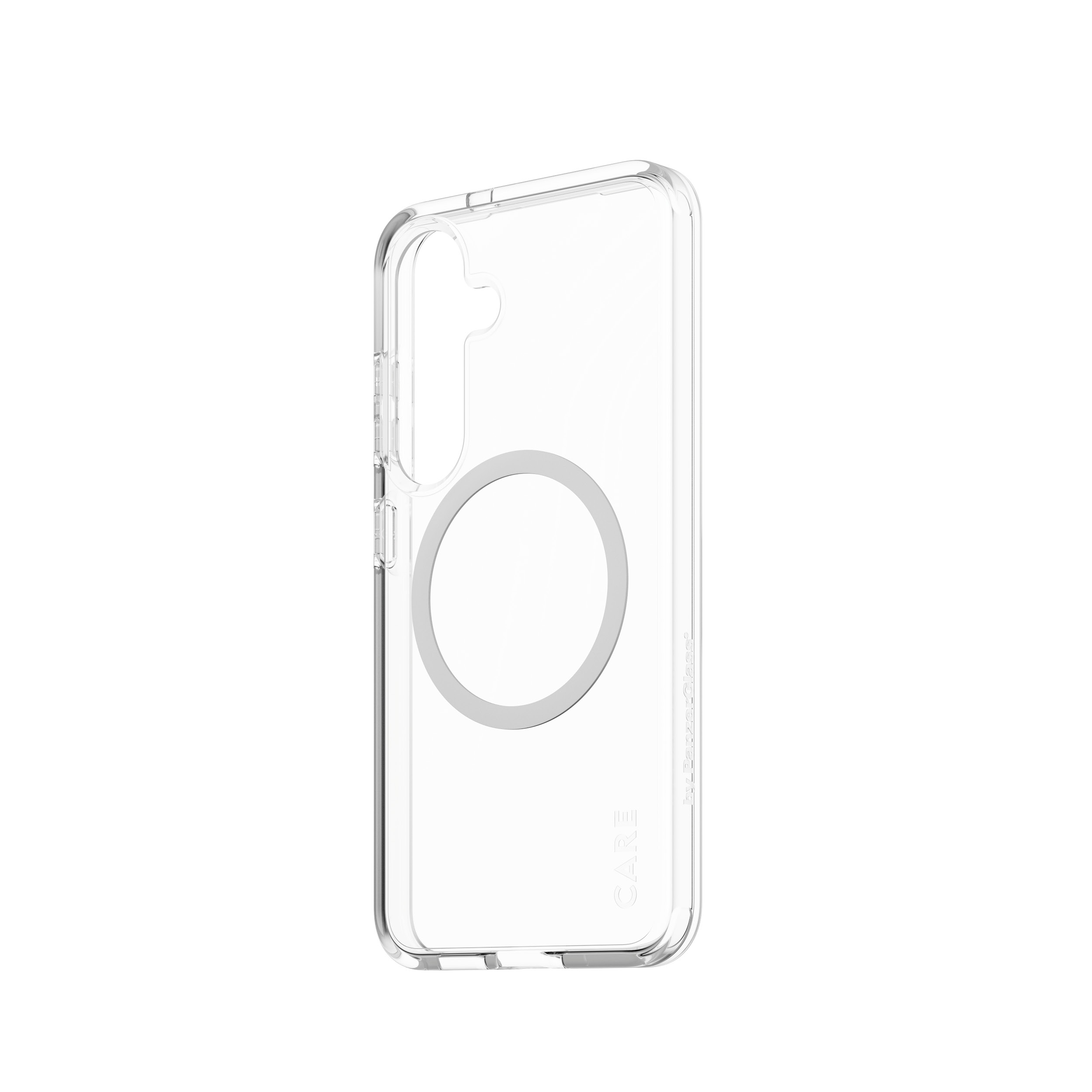 Une coque de téléphone transparente avec un anneau magnétique circulaire.