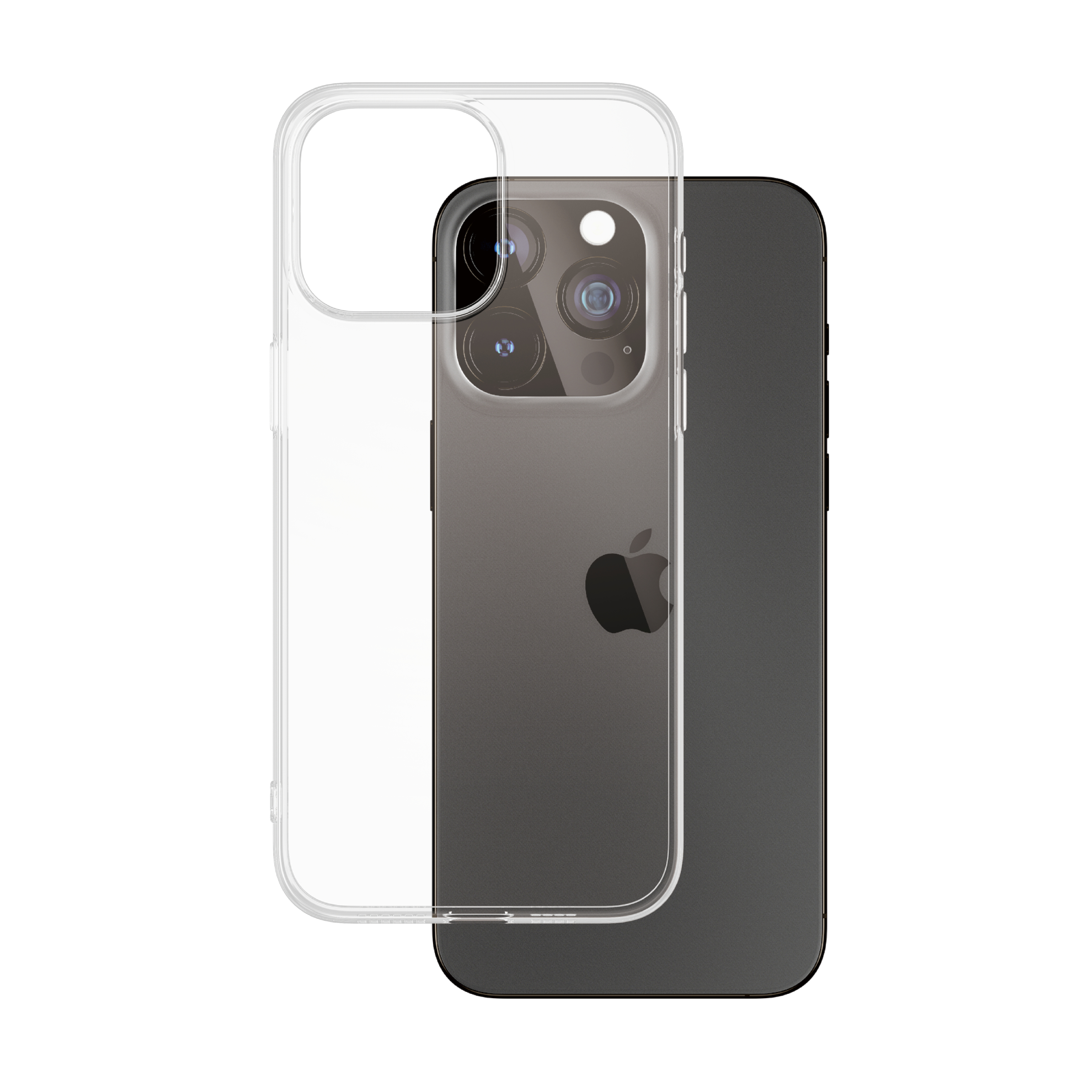 Custodia trasparente su un telefono nero. Il telefono ha un rigonfiamento della fotocamera. La custodia è trasparente.