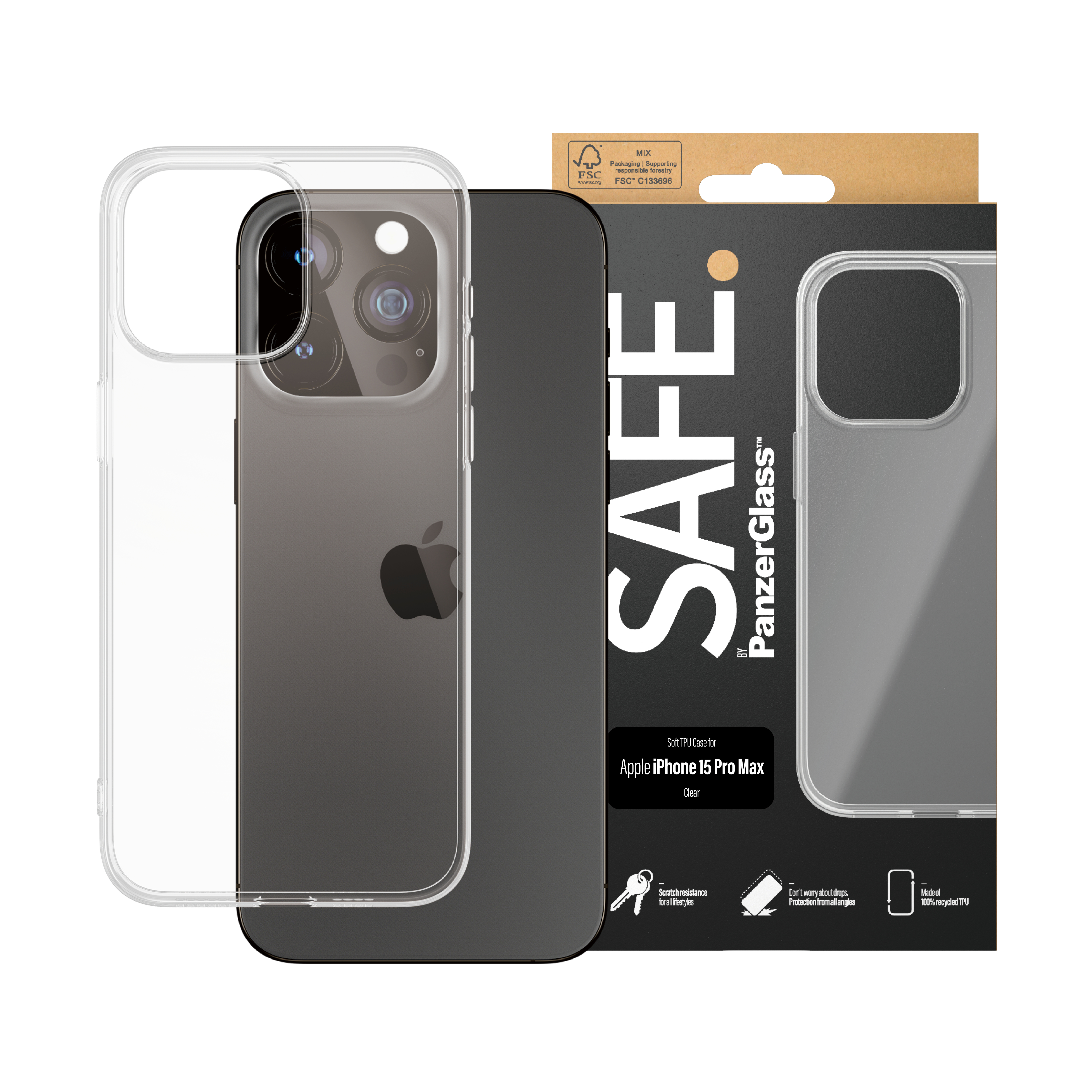 iPhone Pro Max con una custodia trasparente. Il telefono è grigio. La custodia è trasparente.