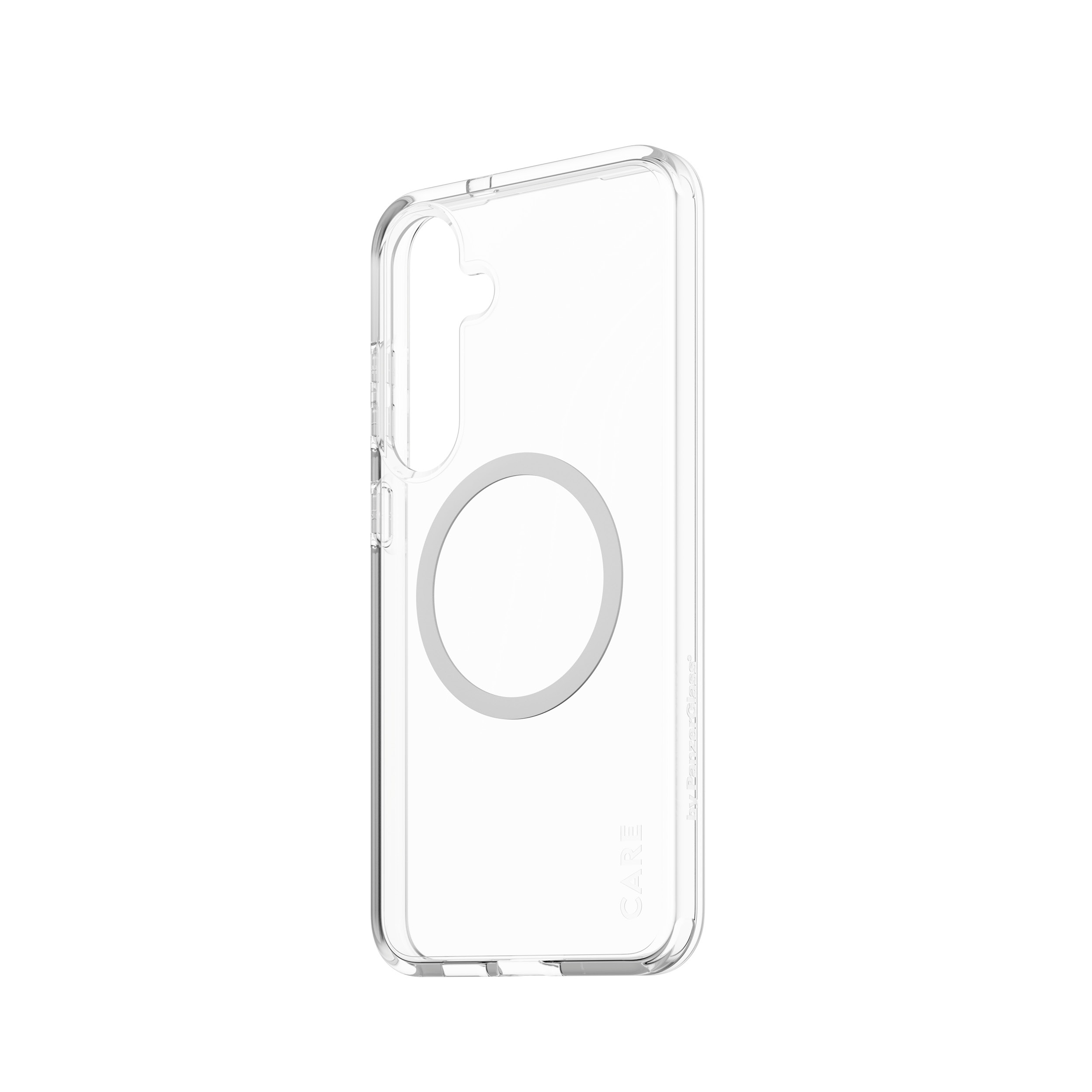 Custodia trasparente per telefono con anello argentato. Lo sfondo è bianco.