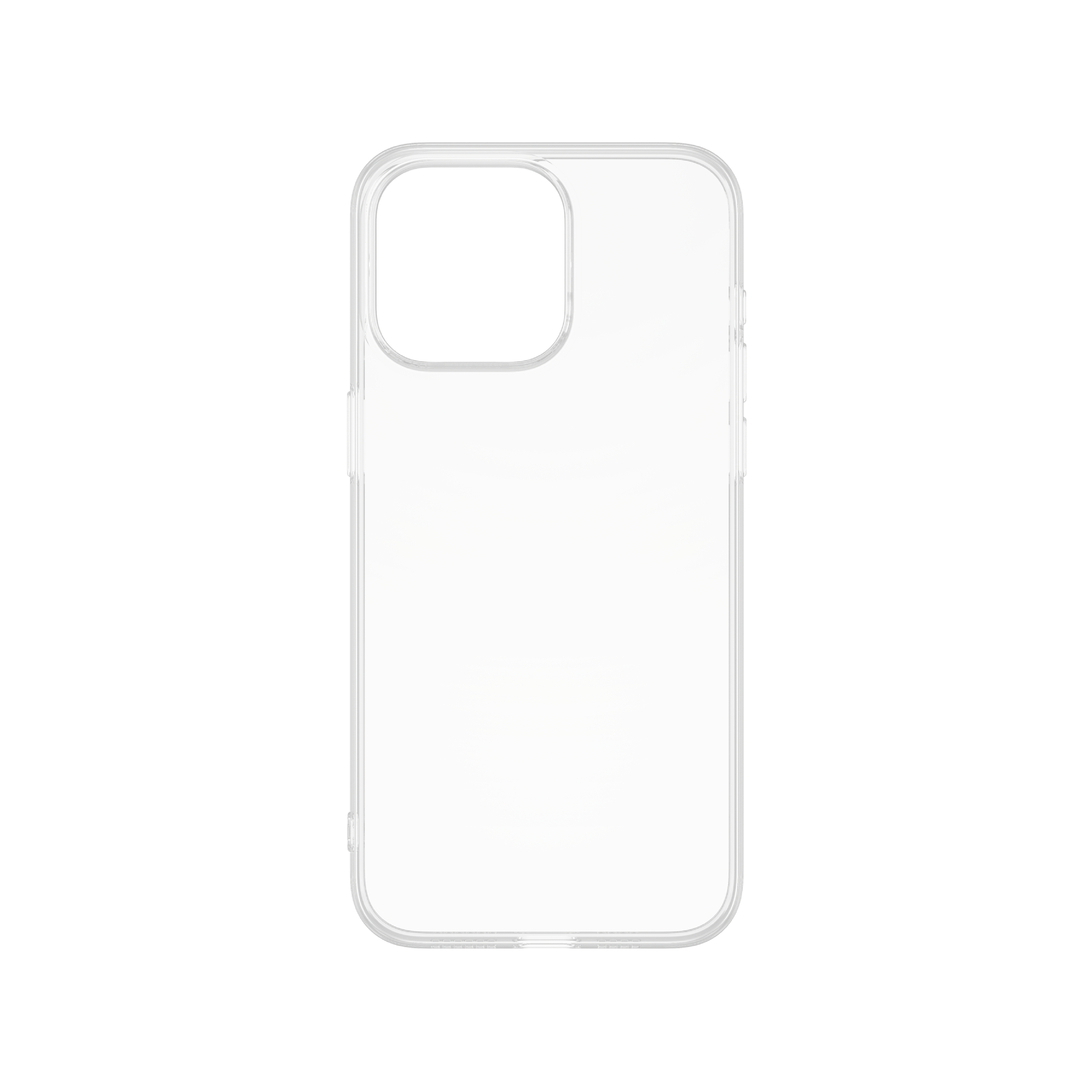 Una custodia trasparente per telefono, forma rettangolare con ritaglio per la fotocamera.