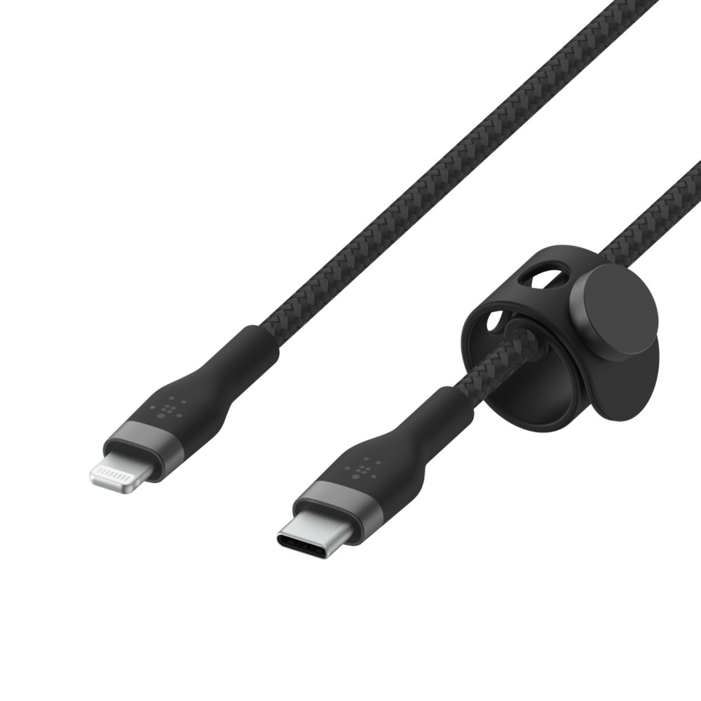 Czarny pleciony kabel ze złączami Lightning i USB-C oraz organizerem kabli.