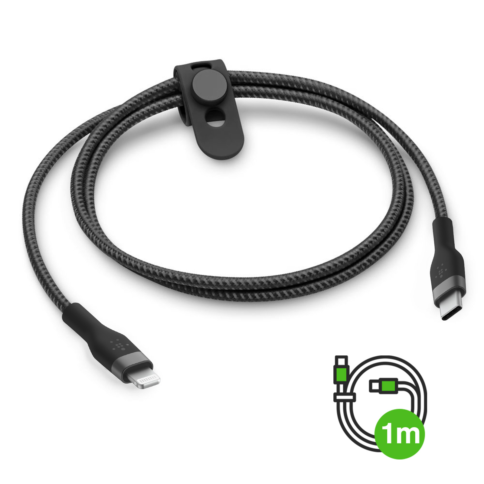 Czarny i szary pleciony kabel z USB-A i złączem Lightning. Dołączony czarny klips.