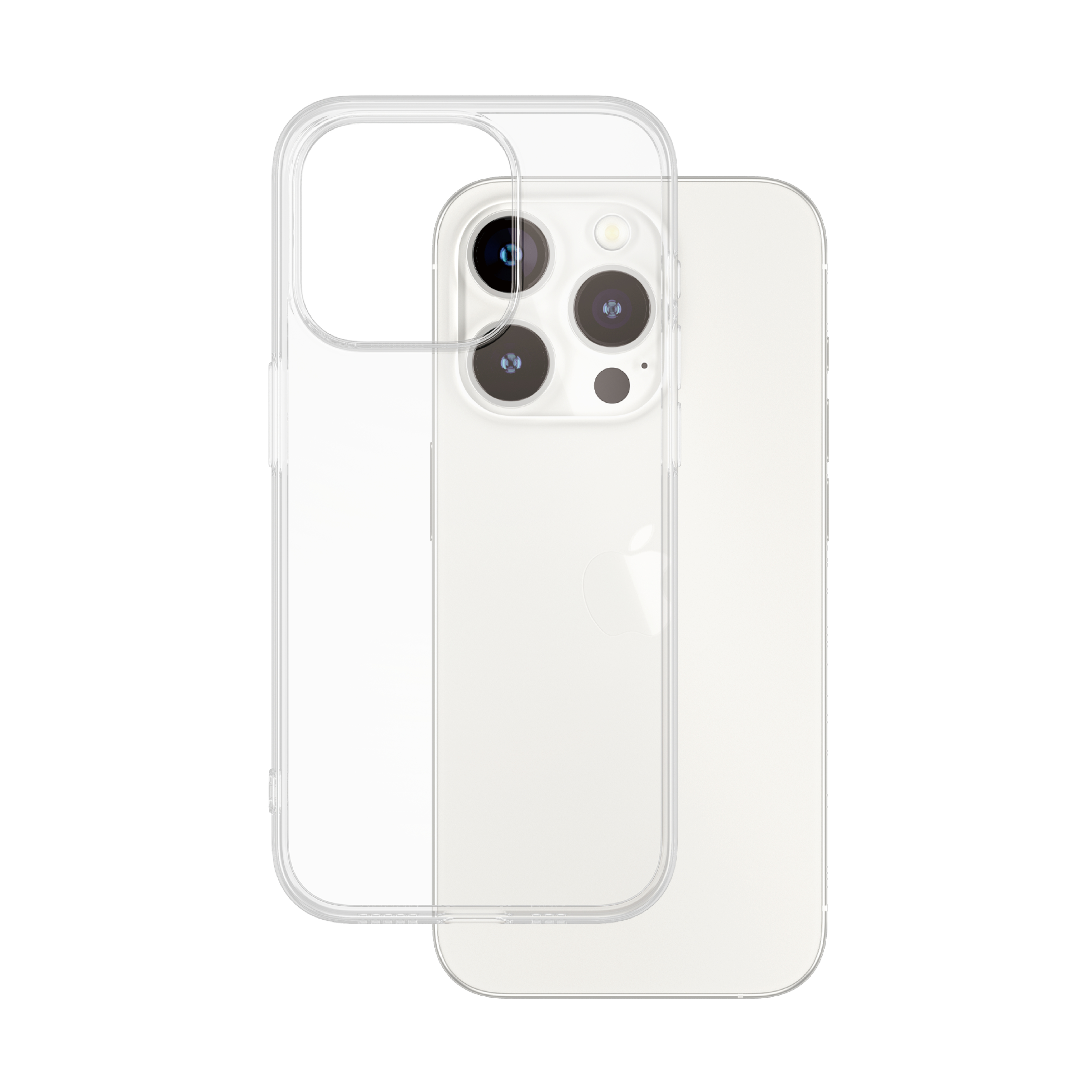 Funda transparente en un teléfono blanco. Cámara del teléfono visible.